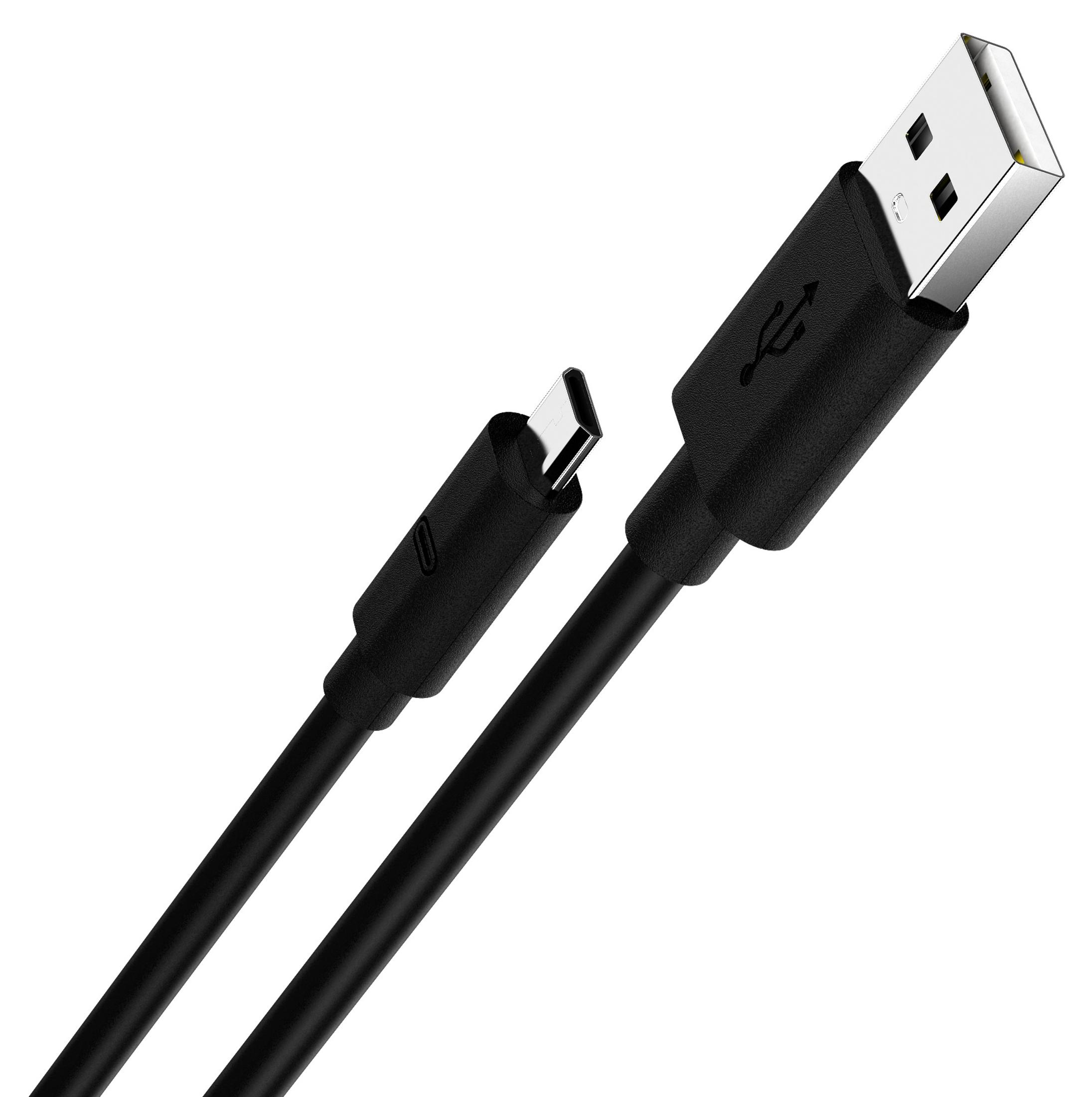 Cable USB-C a USB-A negro. Conector USB-A a la derecha, USB-C a la izquierda. Fondo blanco.