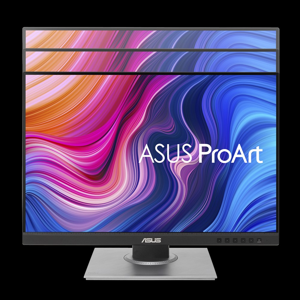 Monitor ASUS ProArt wyświetla kolorowy, abstrakcyjny obraz. Monitor stoi na srebrnej podstawie z czarnym tłem.