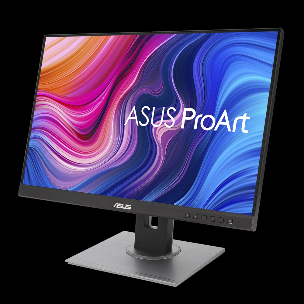 Monitor ASUS ProArt wyświetla kolorowy, abstrakcyjny wzór. Monitor stoi na srebrnej podstawie na czarnym tle.