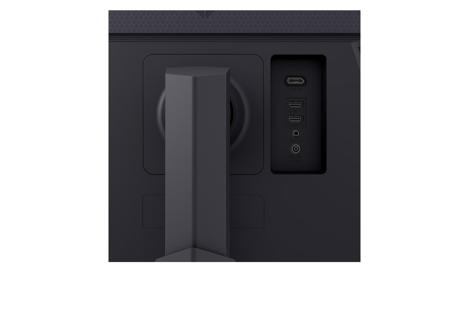 Widok z tyłu ciemnego monitora. Porty obejmują DP-IN, HDMI i audio. Gruby stojak podtrzymuje ekran.