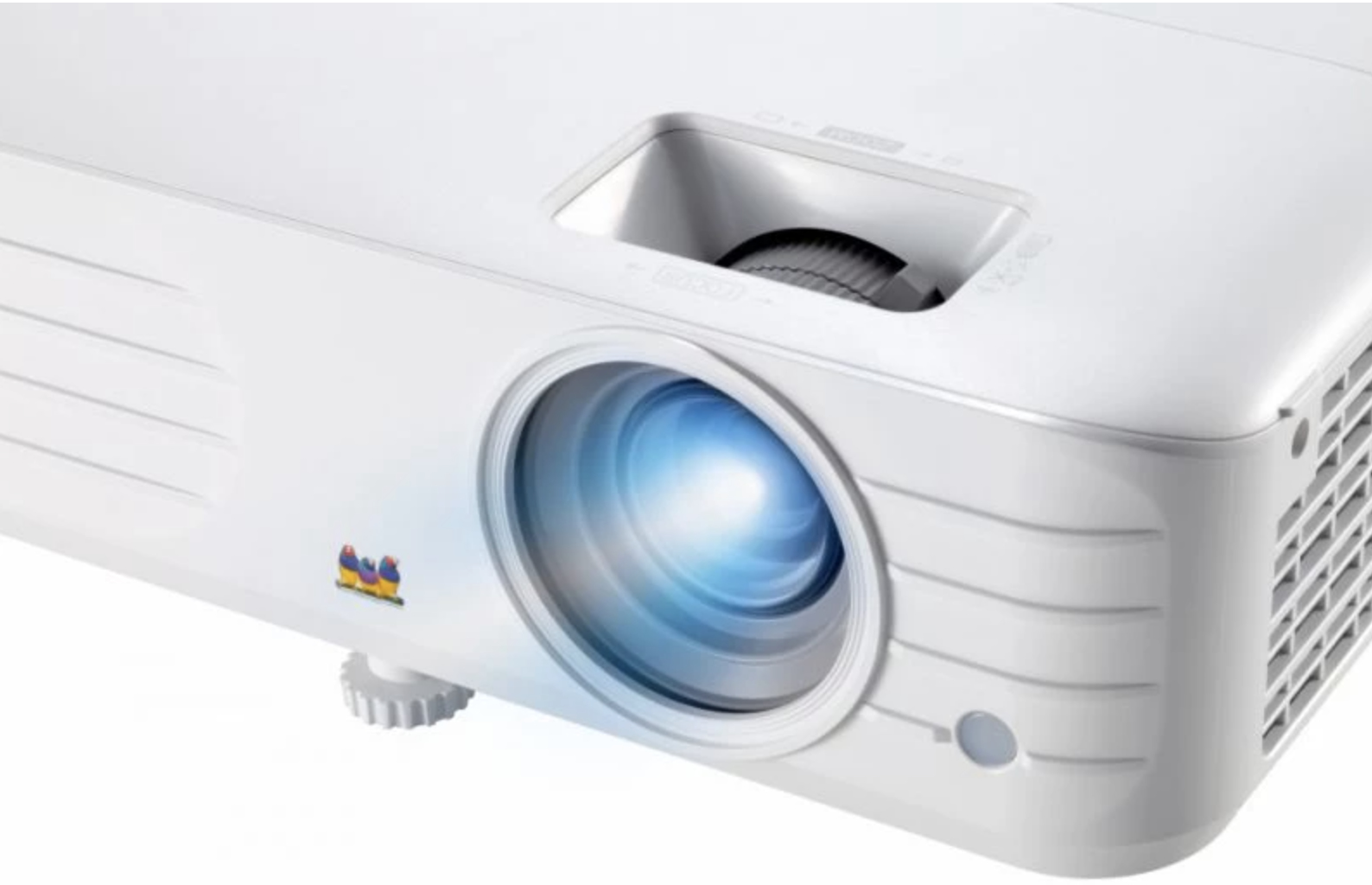 Un proyector blanco con luz azul saliendo de la lente. Logotipo de ViewSonic visible.
