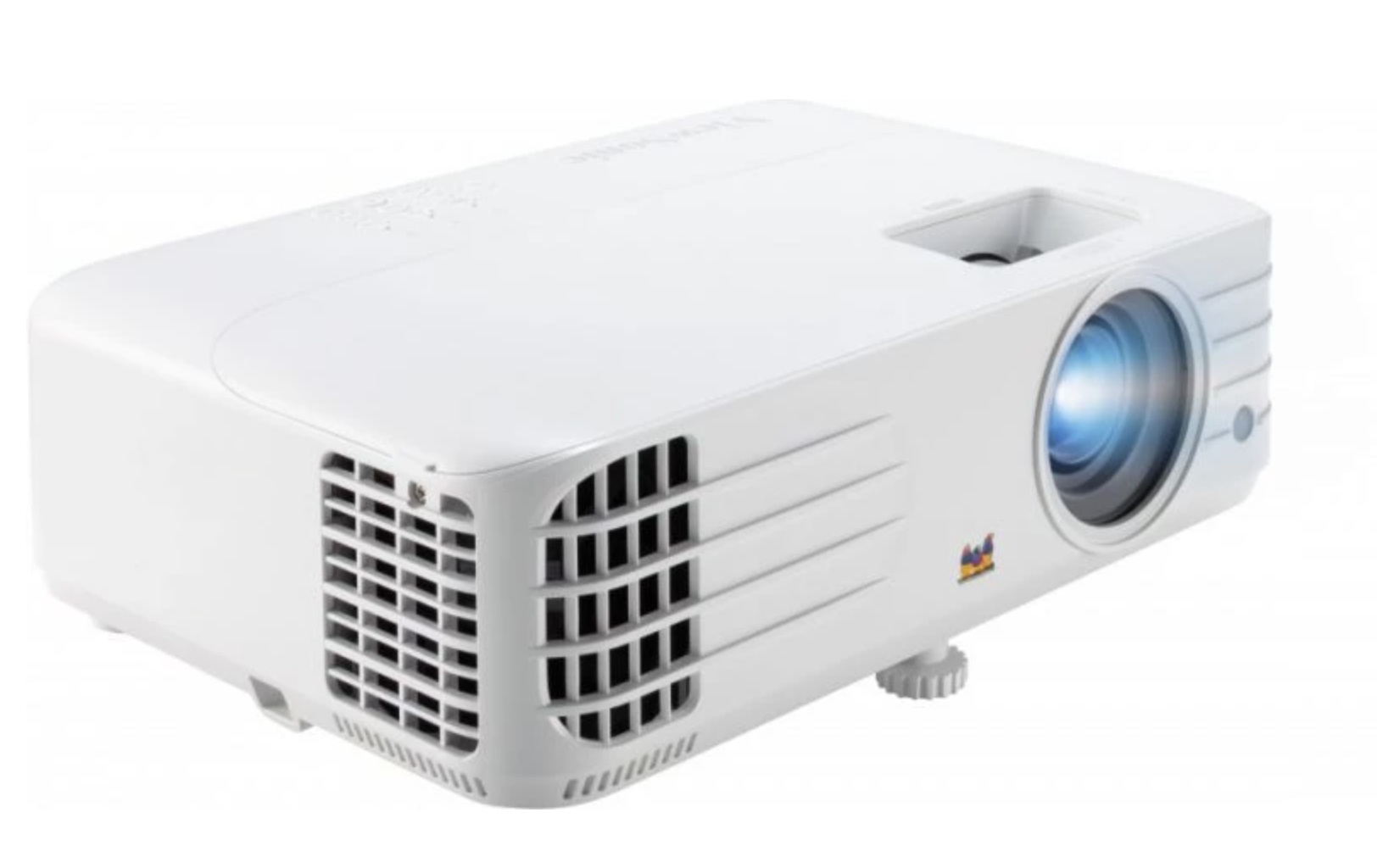 Un proyector blanco con luz azul saliendo de la lente. Tiene ventilaciones y un logotipo en el lateral.