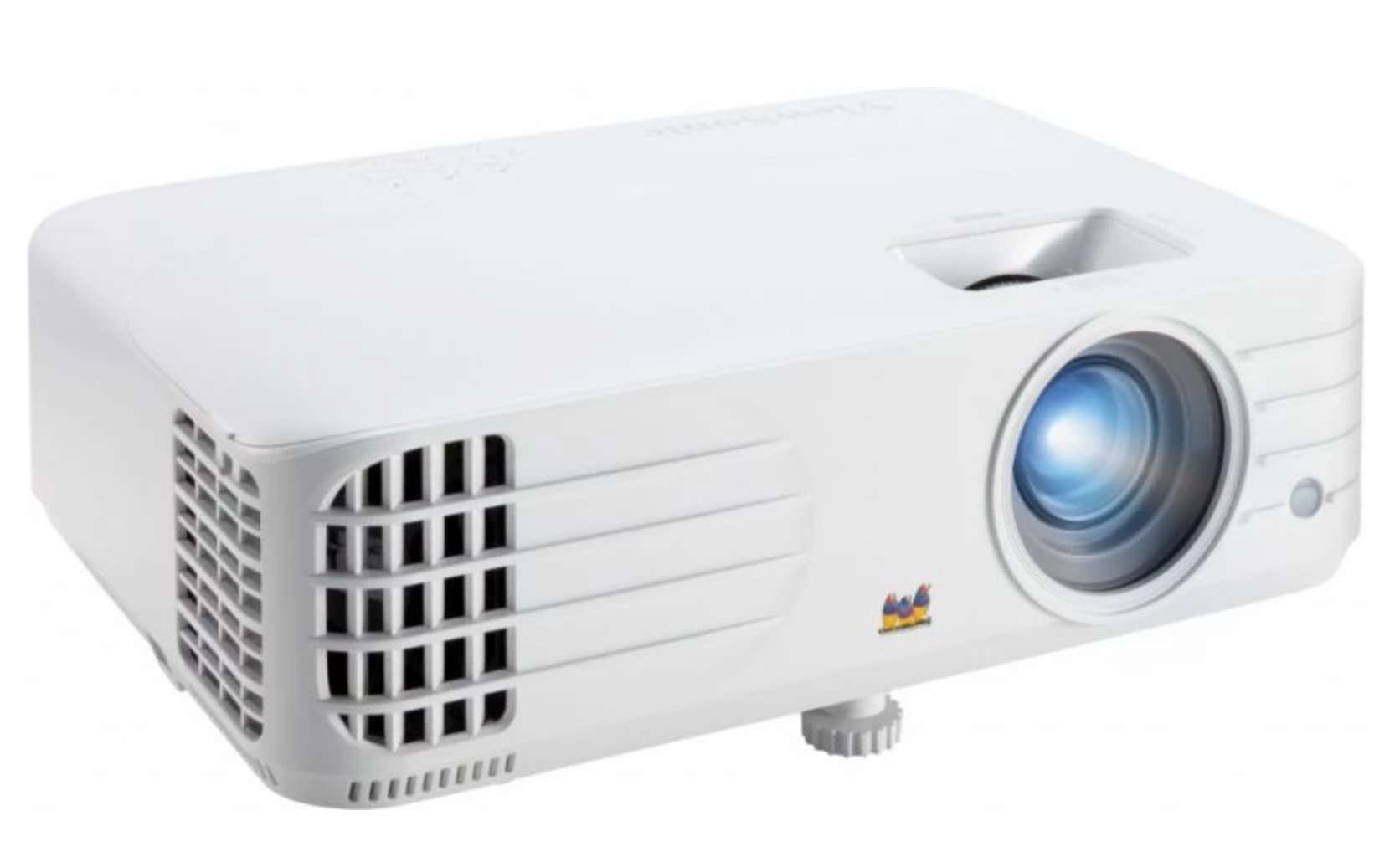 Un proyector ViewSonic blanco. Tiene una lente en la parte delantera con luz azul. Hay ventilaciones y un pequeño logotipo en el lateral.