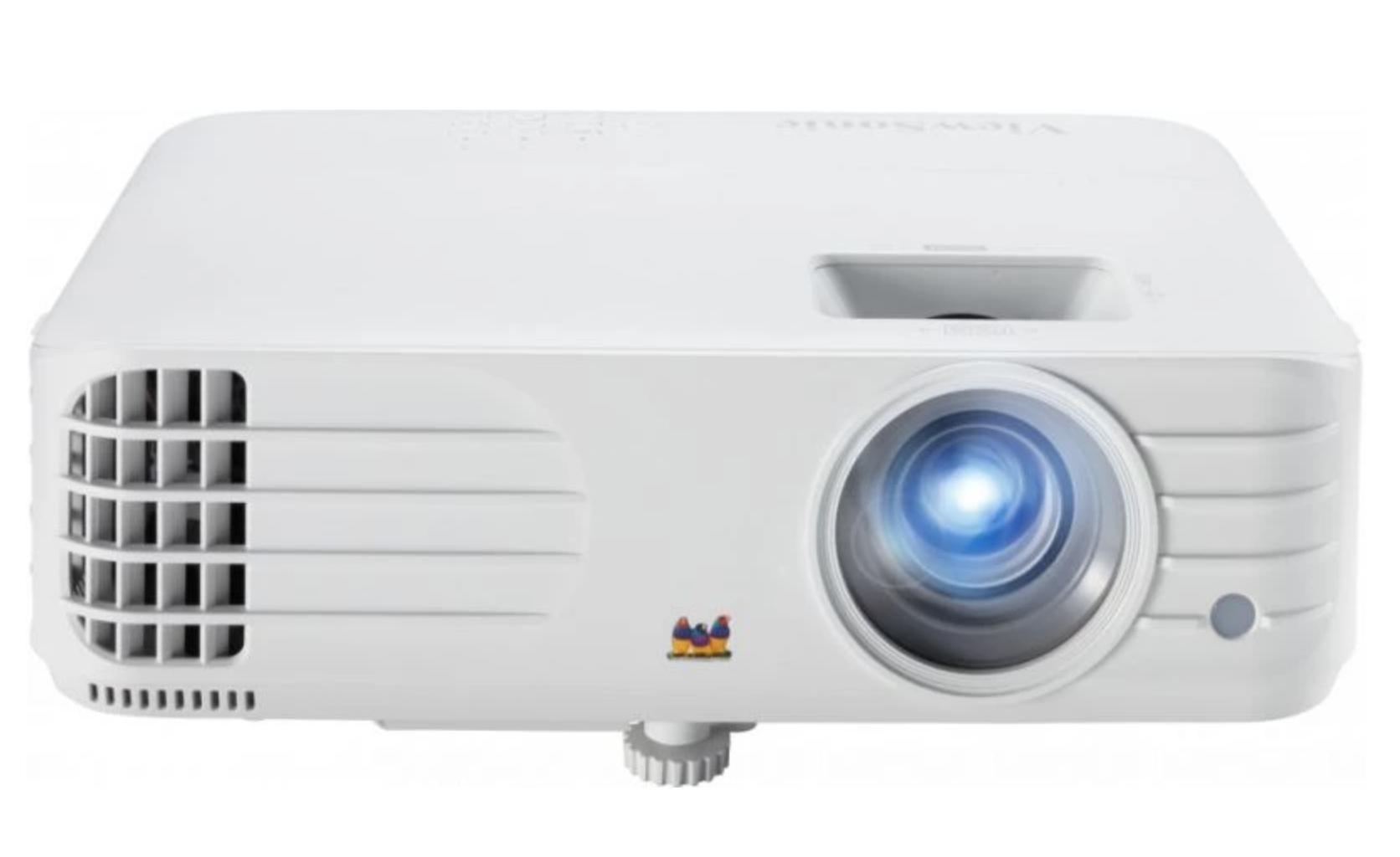 Un proyector ViewSonic blanco. Tiene una lente con luz azul y ventilaciones laterales. El logotipo de ViewSonic es visible.