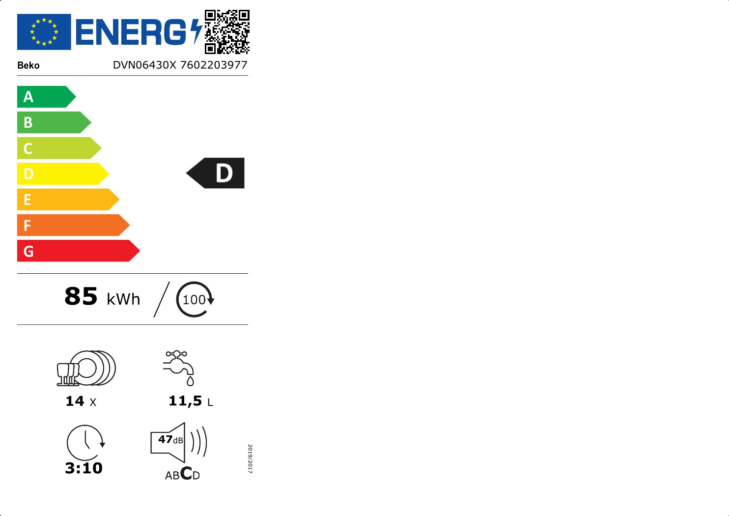 Energielabel für einen Beko-Geschirrspüler, Modell DVN06430X. Es zeigt Energieeffizienz, Kapazität, Wasserverbrauch und Geräuschpegel.