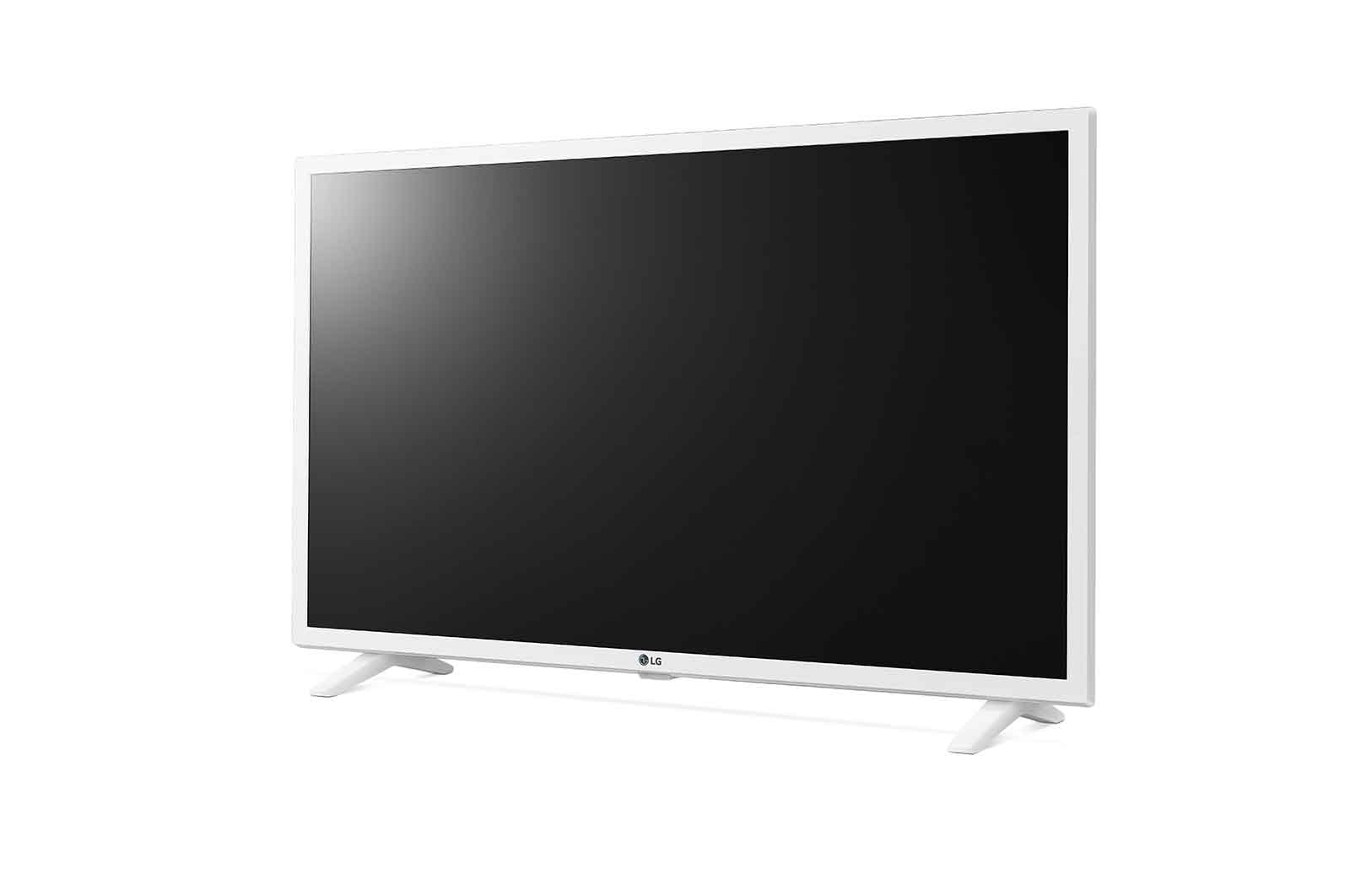 Un televisore LG bianco con schermo nero è mostrato su sfondo bianco. Il televisore è supportato da due gambe bianche.