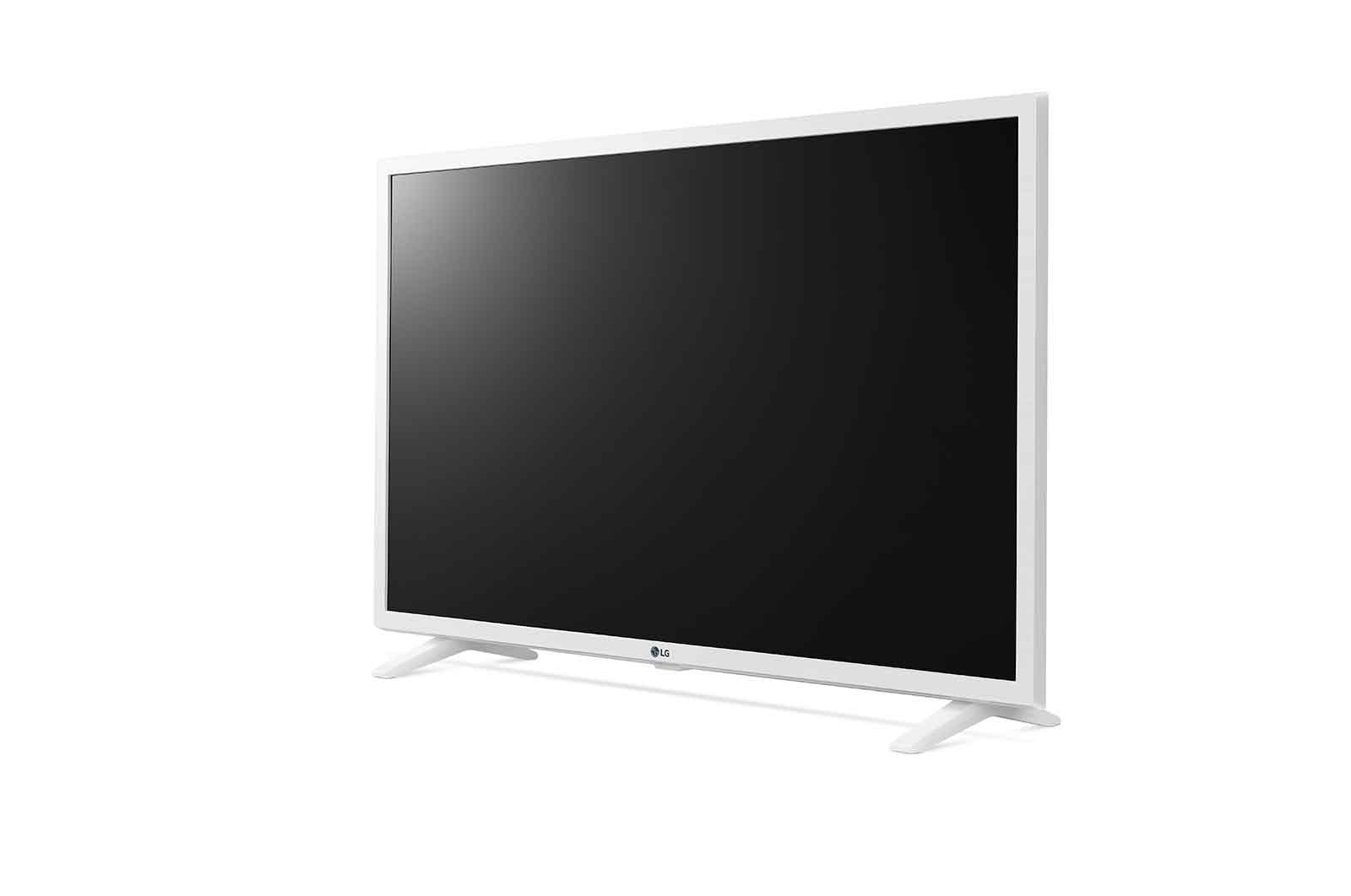 Una televisione LG bianca con schermo nero è angolata verso destra. Ha una cornice bianca e due gambe bianche.