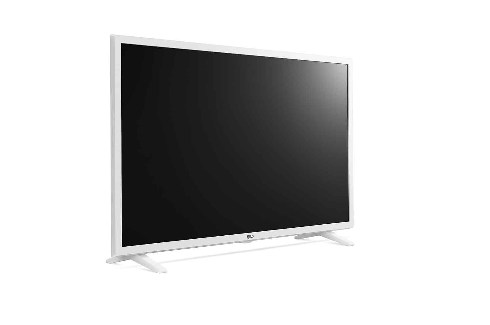 TV LG bianco con schermo nero. La TV è su un supporto bianco. Lo sfondo è bianco.
