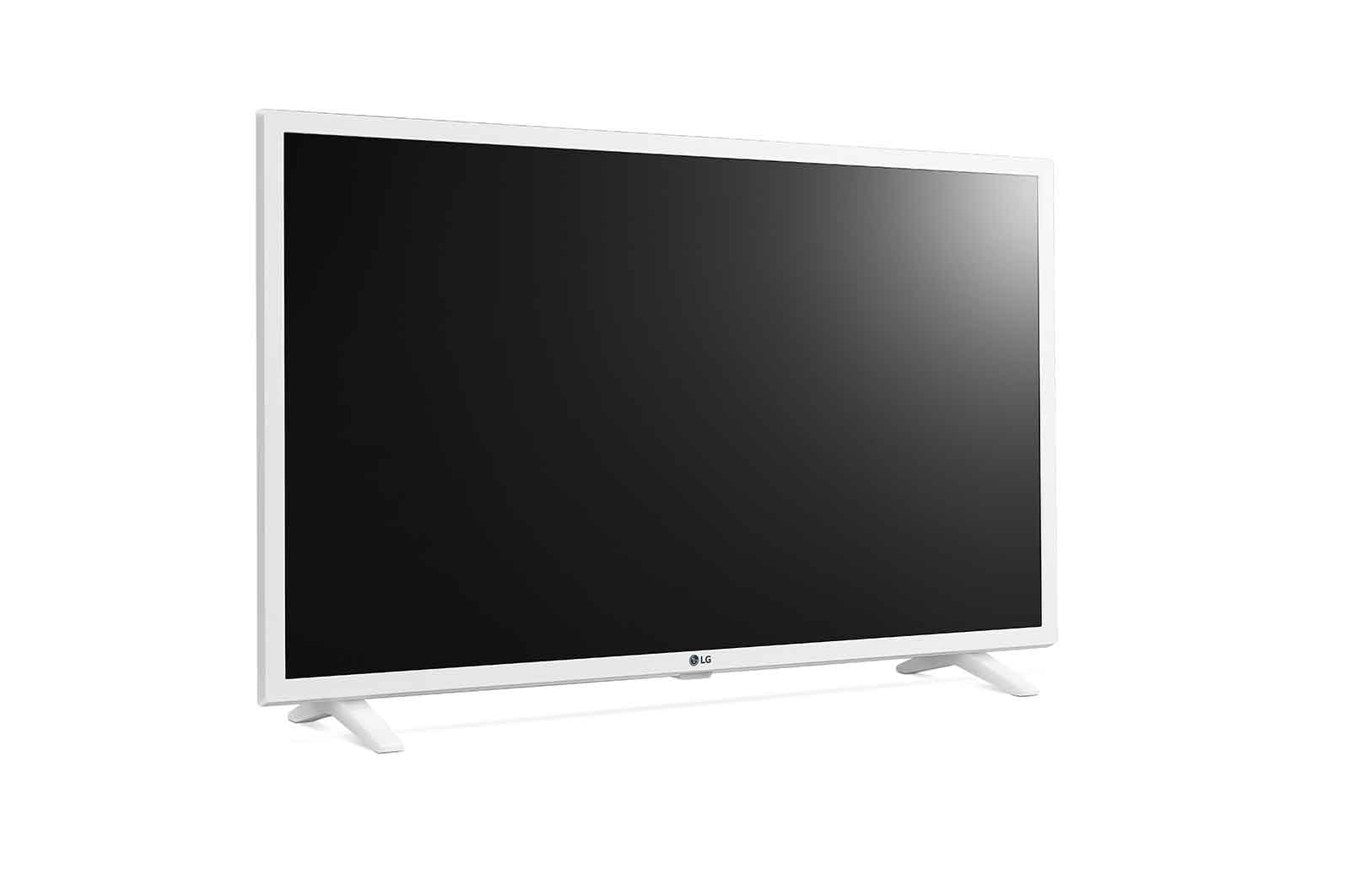 Un televisore LG bianco con schermo nero è su una superficie bianca. Ha due gambe bianche. Lo sfondo è bianco.