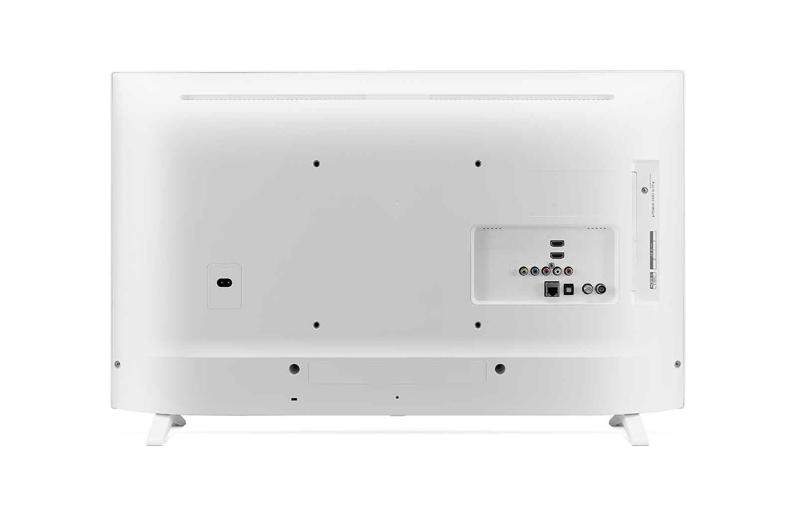 Retro di un televisore LG bianco. Ha varie porte e punti di connessione. La TV è su una superficie bianca.
