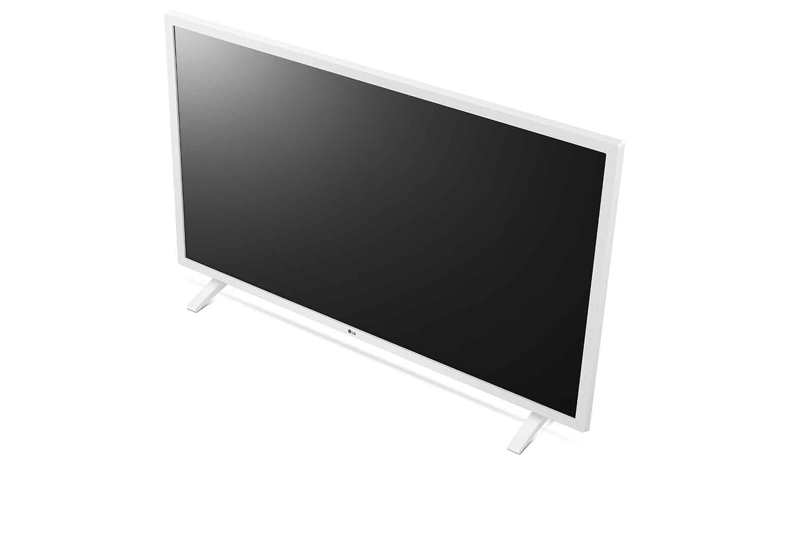 Una TV LG a schermo piatto bianca. Lo schermo è nero, la cornice e le gambe sono bianche. Lo sfondo è bianco.