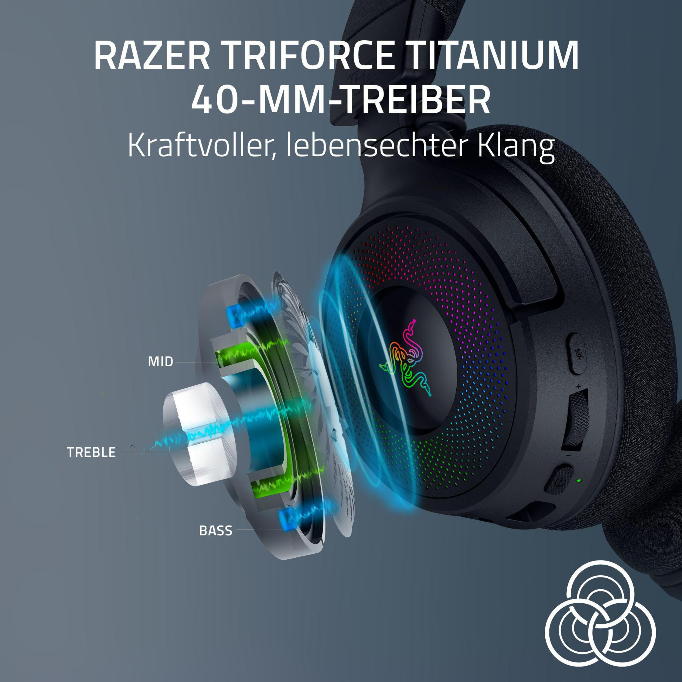 Czarne słuchawki Razer z podświetlonymi elementami wewnętrznymi. Tekst: Razer Triforce Titanium, 40-MM-Treiber, Kraftvoller, lebensechter Klang.