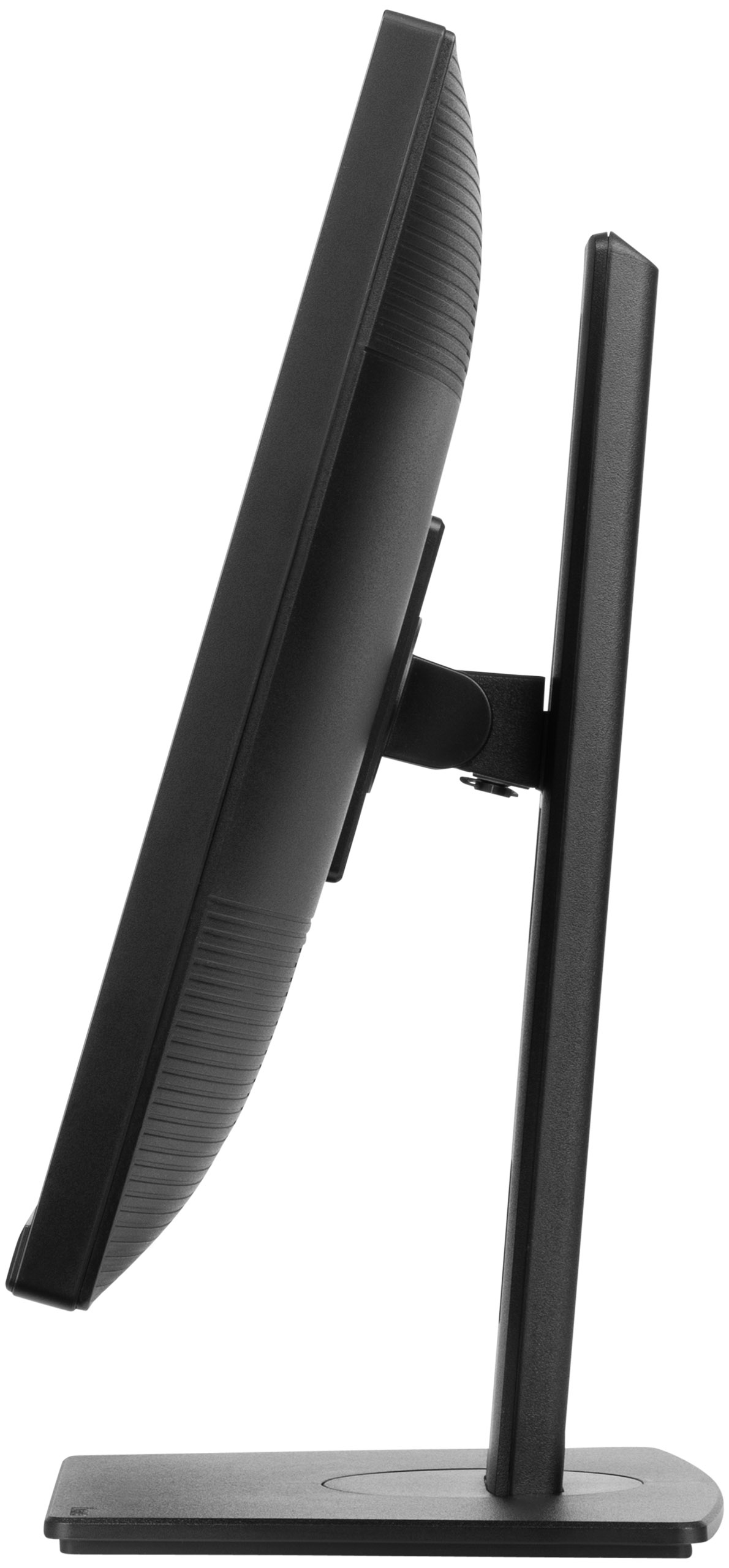 Un monitor nero per computer, visto di lato, è su un supporto. Lo schermo è angolato, con il supporto su sfondo bianco.