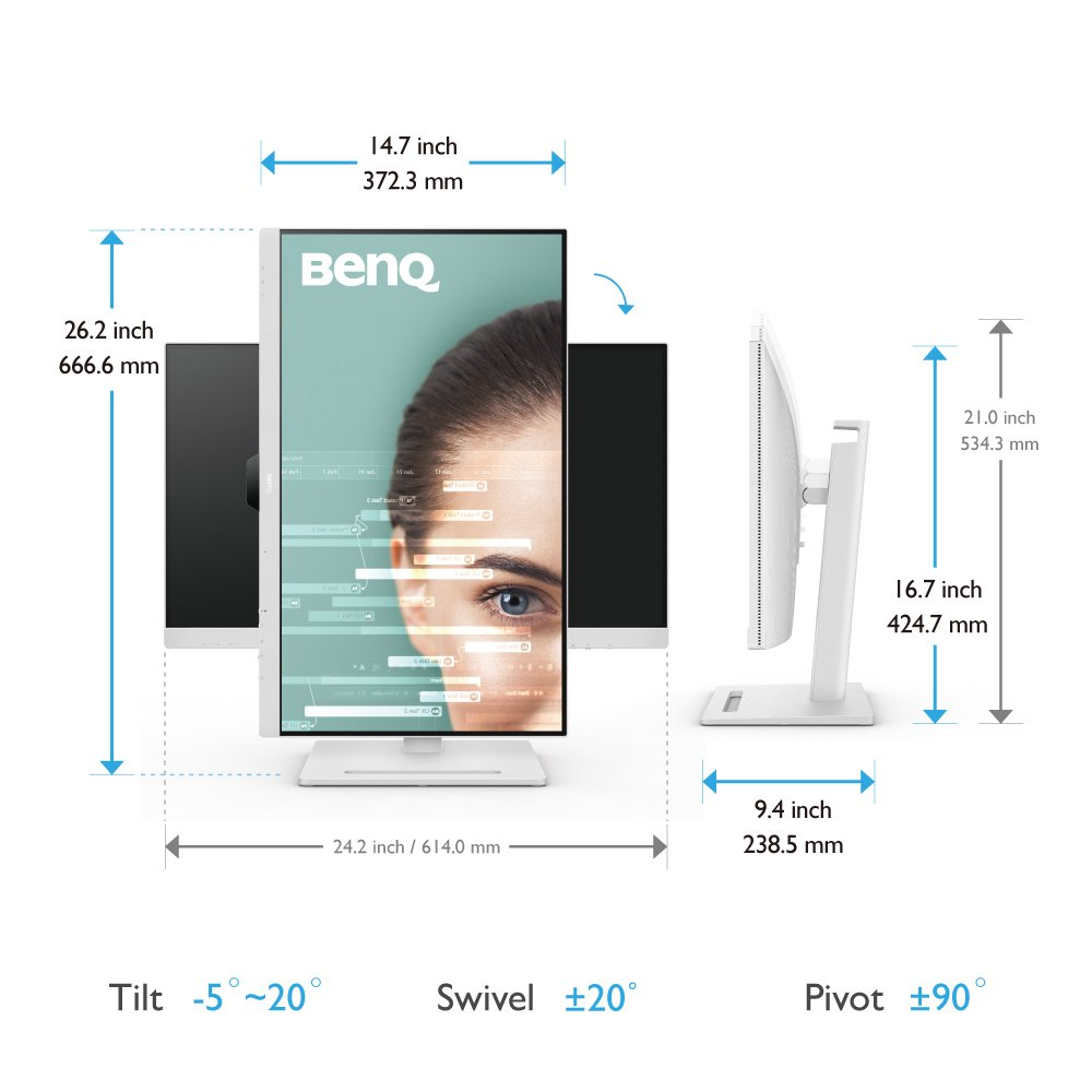 Een witte BenQ-monitor met afmetingen wordt getoond. Afmetingen zijn in inches en mm. Het heeft kantel-, draai- en zwenkinstellingen.