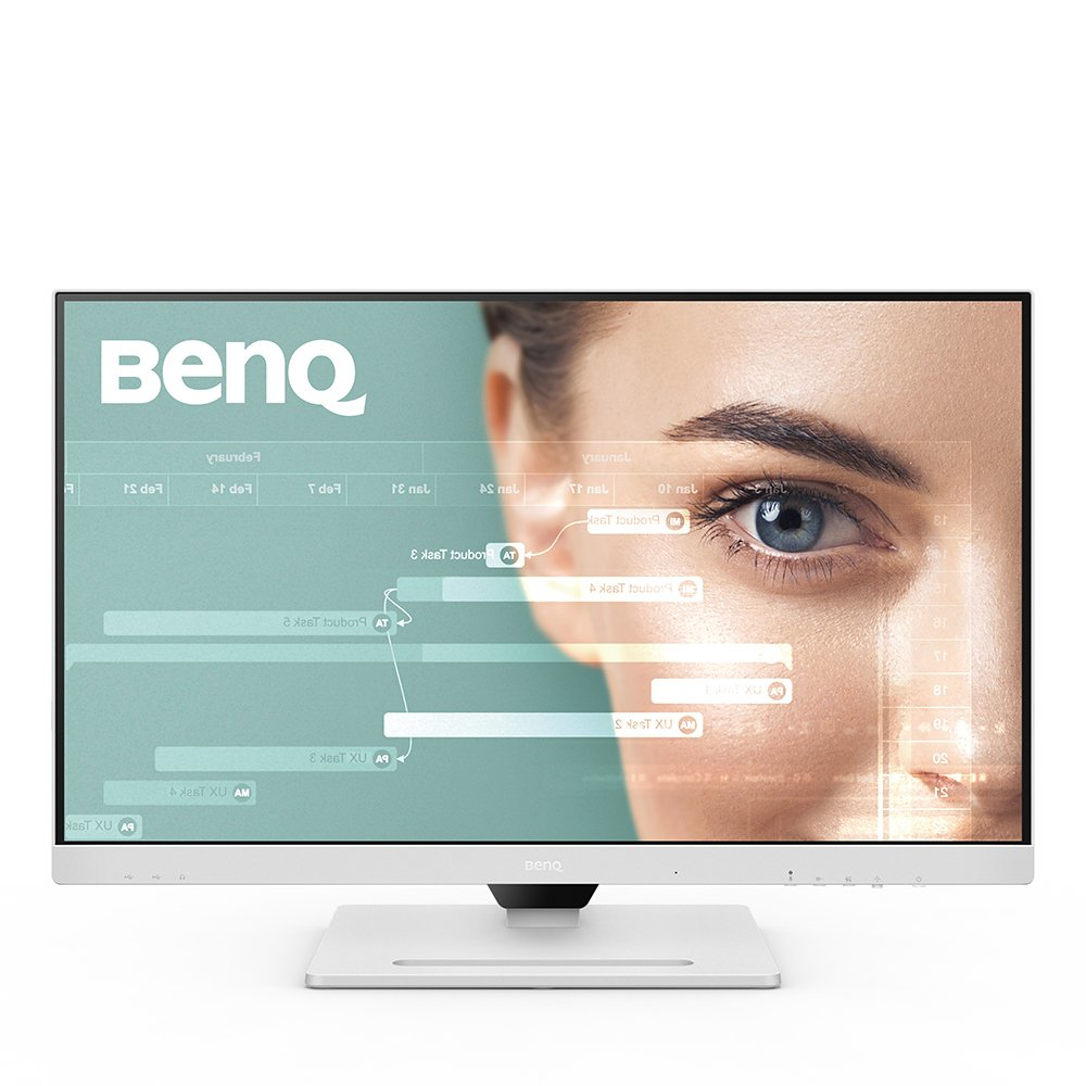 Een BenQ-monitor toont een vrouwenoog met data visualisaties. De monitor is wit, met een witte voet en een zwart frame.