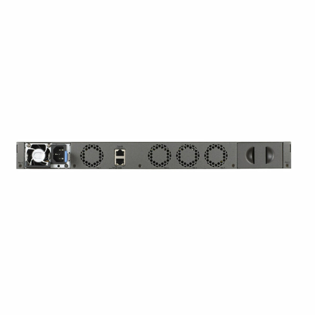 Un commutateur réseau gris avec plusieurs ports, ventilateurs et connecteurs d'alimentation. Il a une finition métallique et est conçu pour le transfert de données.