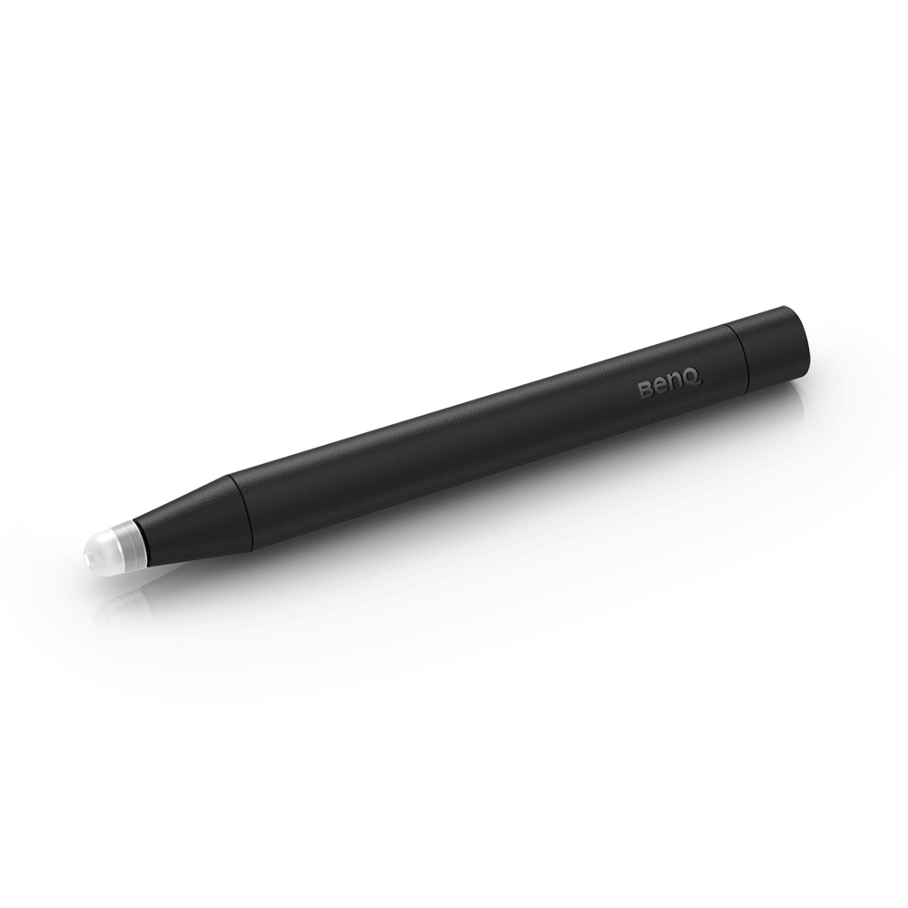 Ein schwarzer BenQ-Eingabestift liegt auf einer weißen Oberfläche. Der Stift ist zylindrisch mit einer transparenten Spitze.