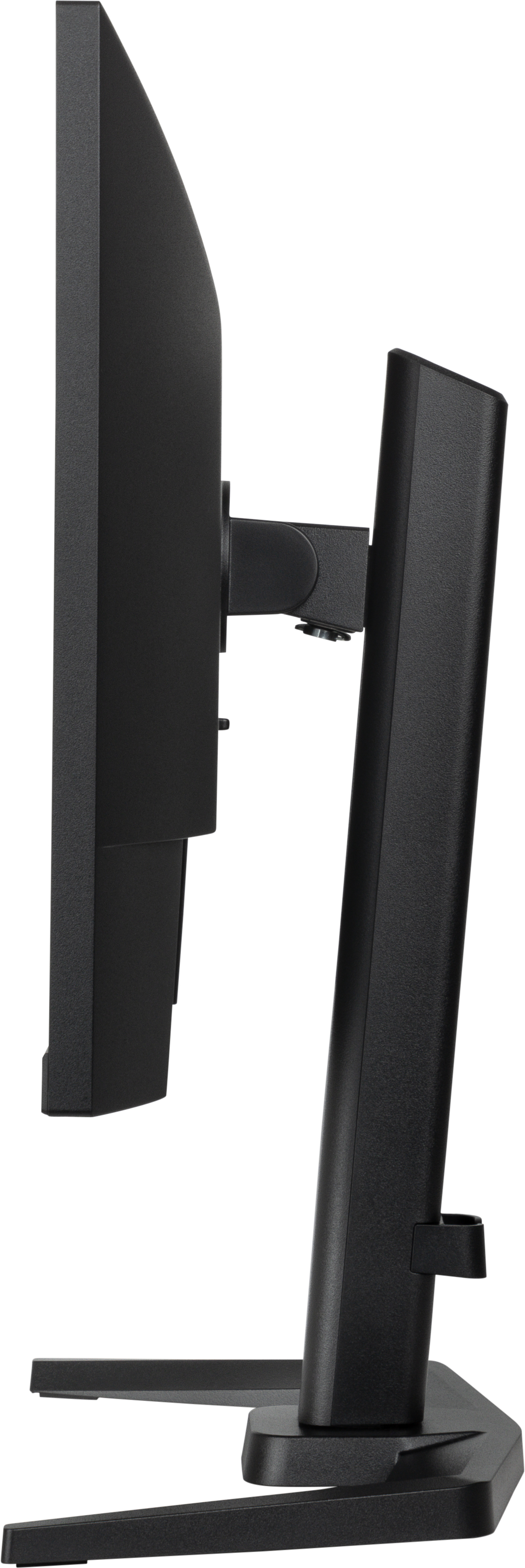 Side view of a black computer monitor. It is mounted on a stand with a base.