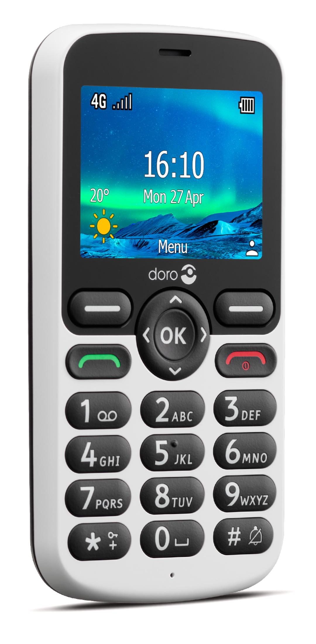 Un teléfono móvil Doro blanco y negro. La pantalla muestra la hora, el tiempo y la intensidad de la señal. Botones físicos para números y funciones.