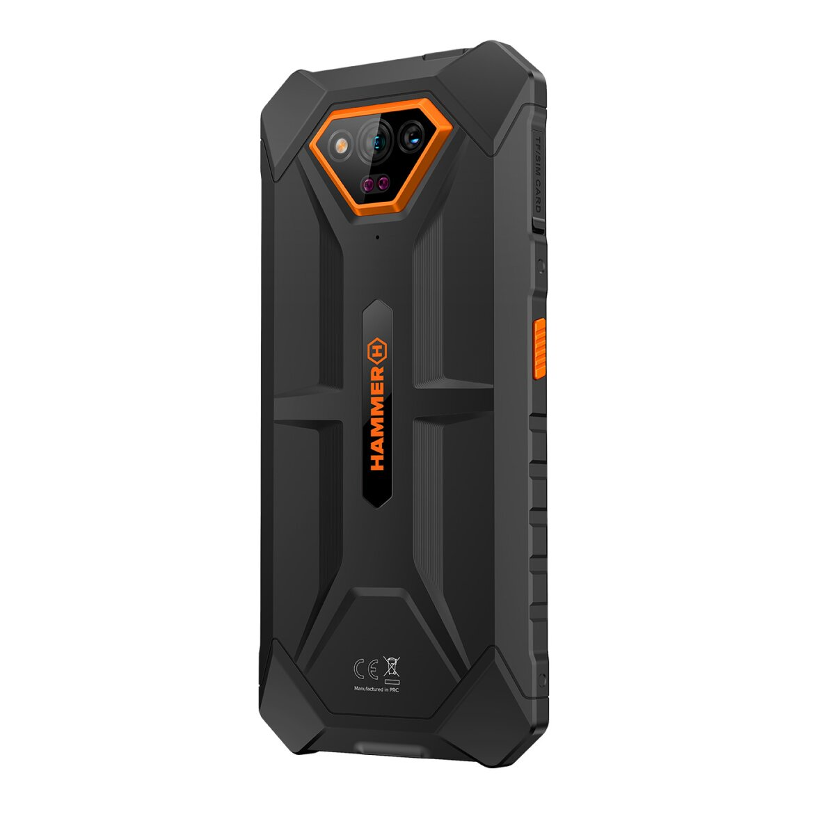 Schwarzes Smartphone mit orangefarbenen Akzenten. Verfügt über eine Dreifach-Objektiv-Kamera, das Hammer-Logo und ein robustes Design. Das Telefon ist auf weißem Hintergrund.
