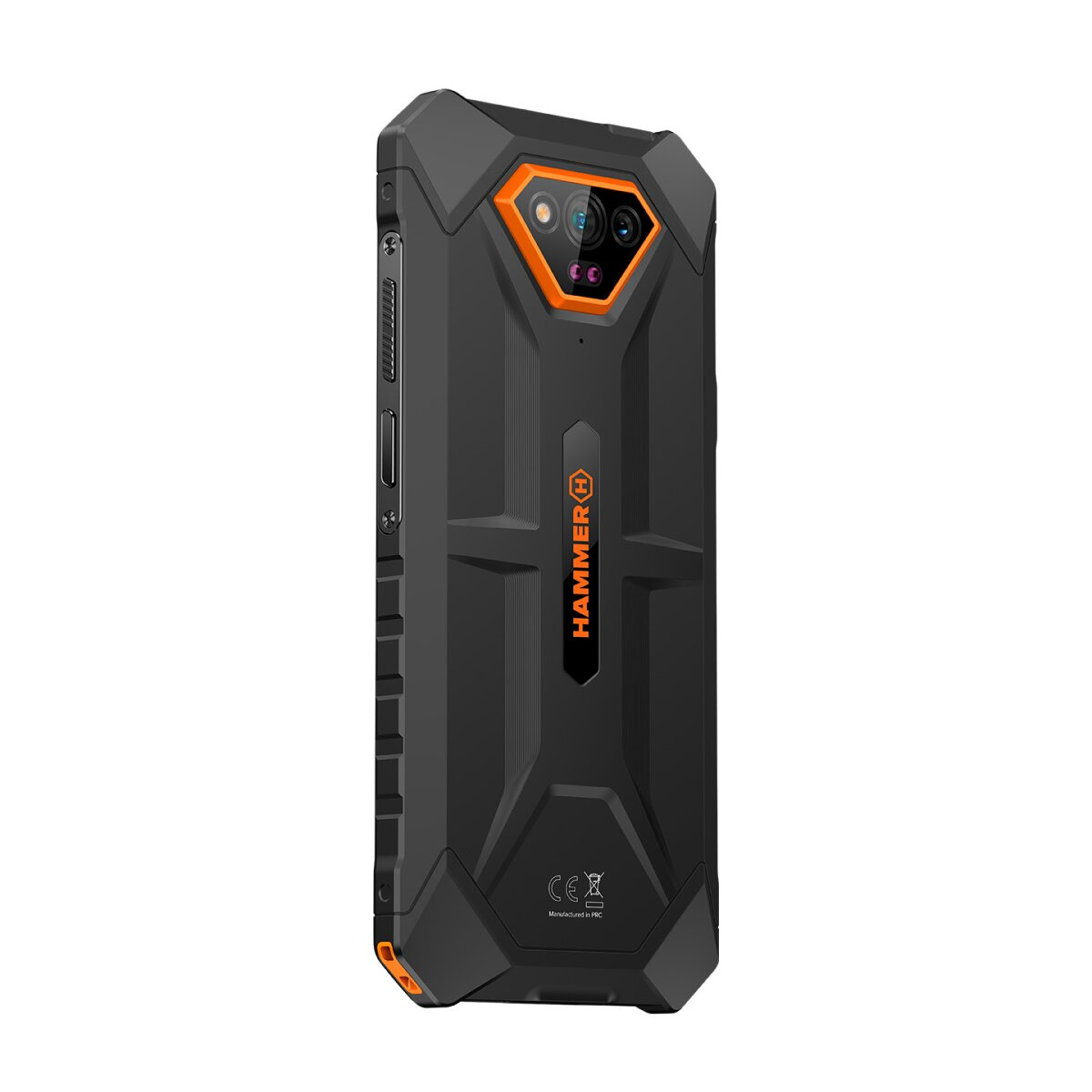 Schwarzes und oranges Hammer-Smartphone. Merkmale Kamera, Knöpfe und Branding. CE-Zeichen und Herstellungsinformationen unten.