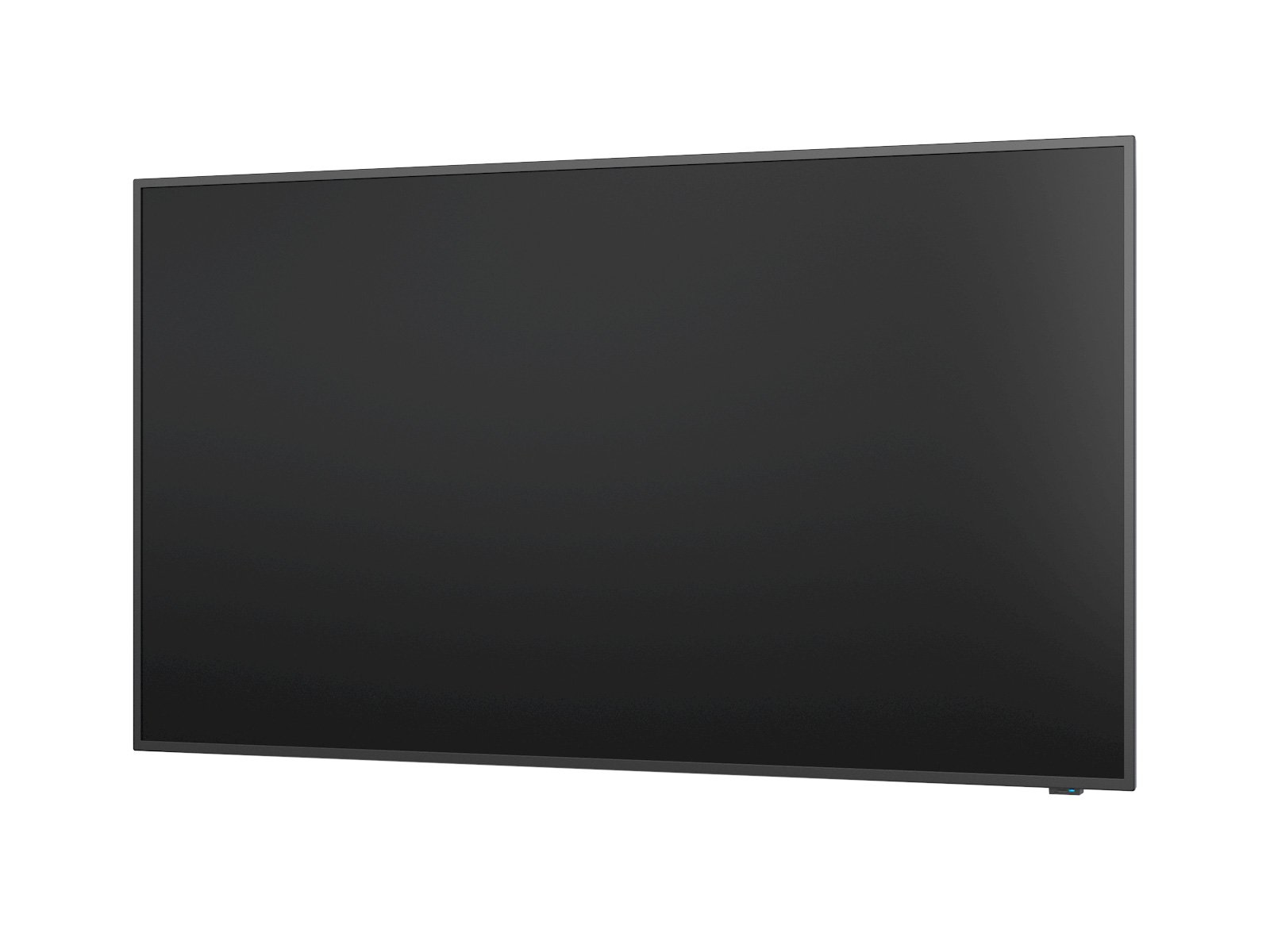 Una pantalla negra rectangular grande con un marco gris delgado. El fondo es blanco. La pantalla está ligeramente inclinada.