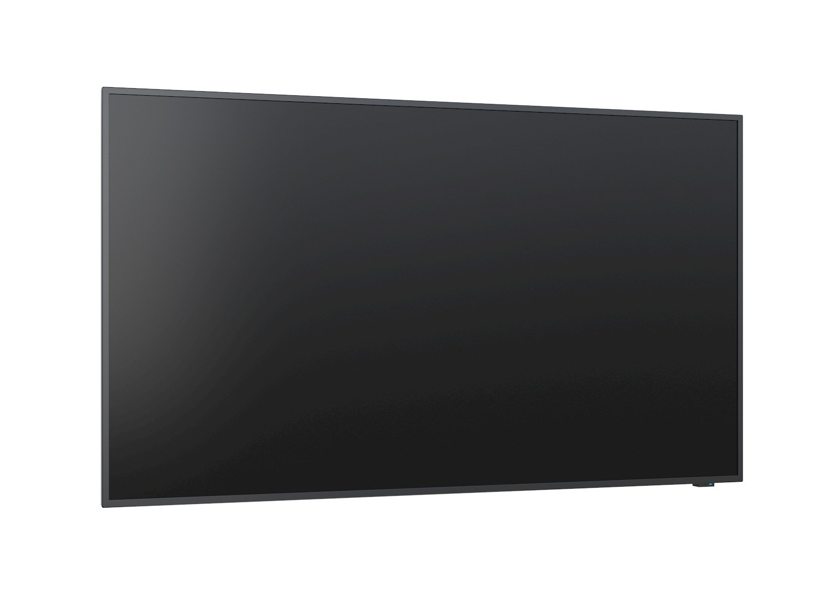 Un televisor de pantalla plana negro, rectangular, grande, sobre un fondo blanco, ligeramente inclinado a la derecha.