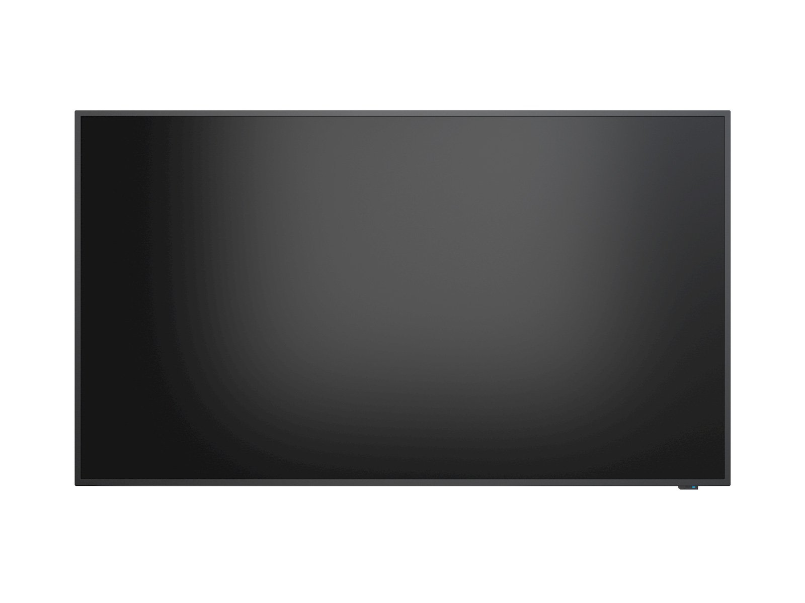 Una gran pantalla rectangular gris oscuro domina el marco. Está colocada sobre un fondo blanco. La pantalla tiene un borde oscuro y delgado.