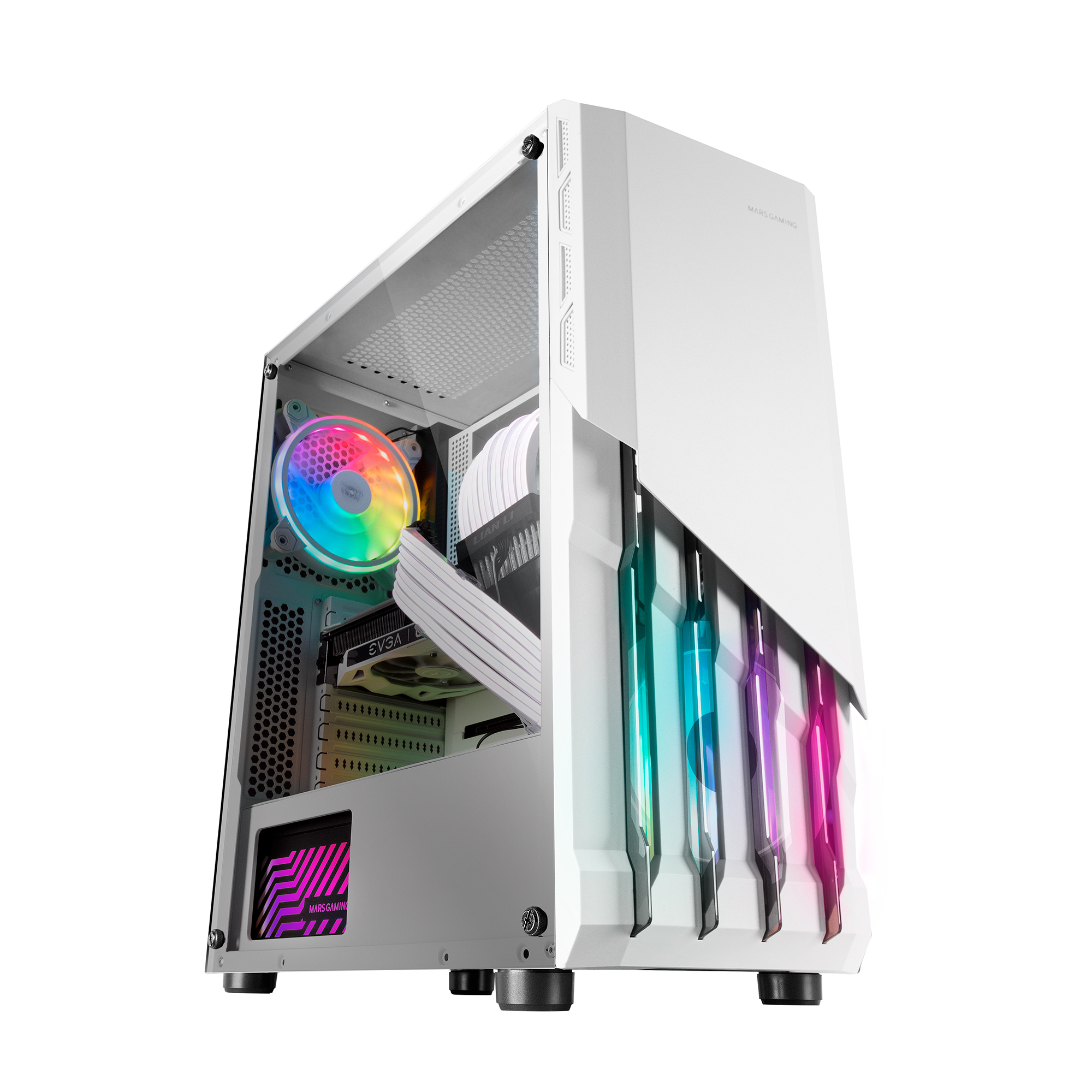 Un case per PC MARS GAMING bianco. Ha un pannello laterale in vetro, una ventola colorata e luci RGB sul davanti.