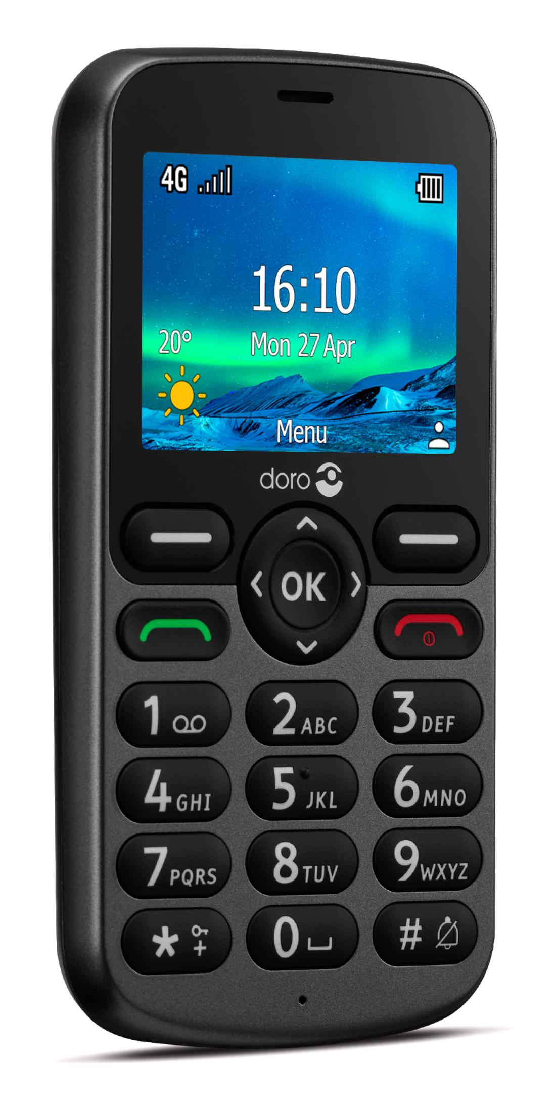 Een zwarte Doro mobiele telefoon met een scherm dat tijd en datum weergeeft. Het heeft grote knoppen en een eenvoudige interface. Het scherm toont een achtergrond.