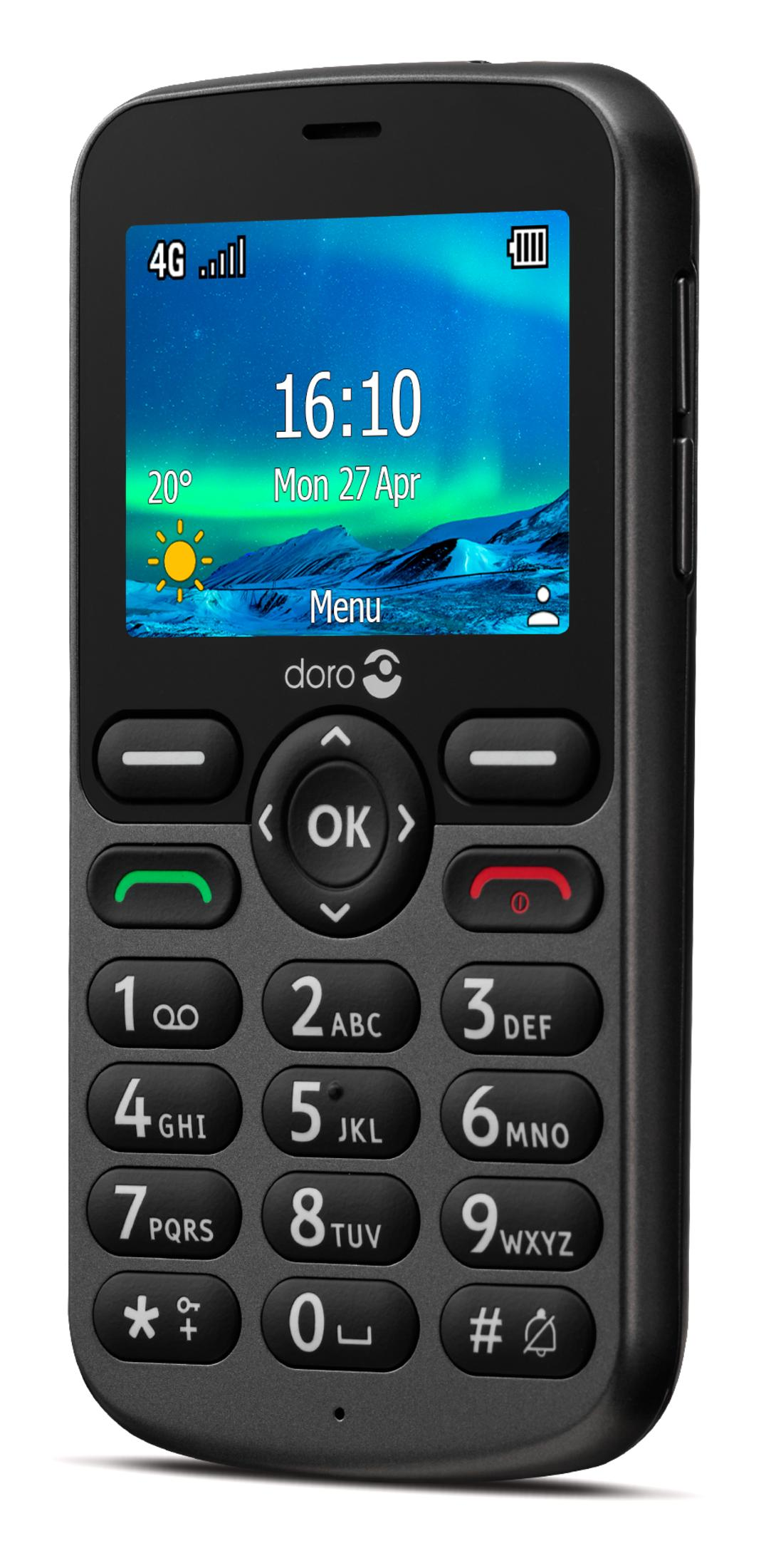 Een zwarte Doro-telefoon toont tijd, datum, signaal en batterij. Het heeft een toetsenbord met grote knoppen en centrale navigatie.