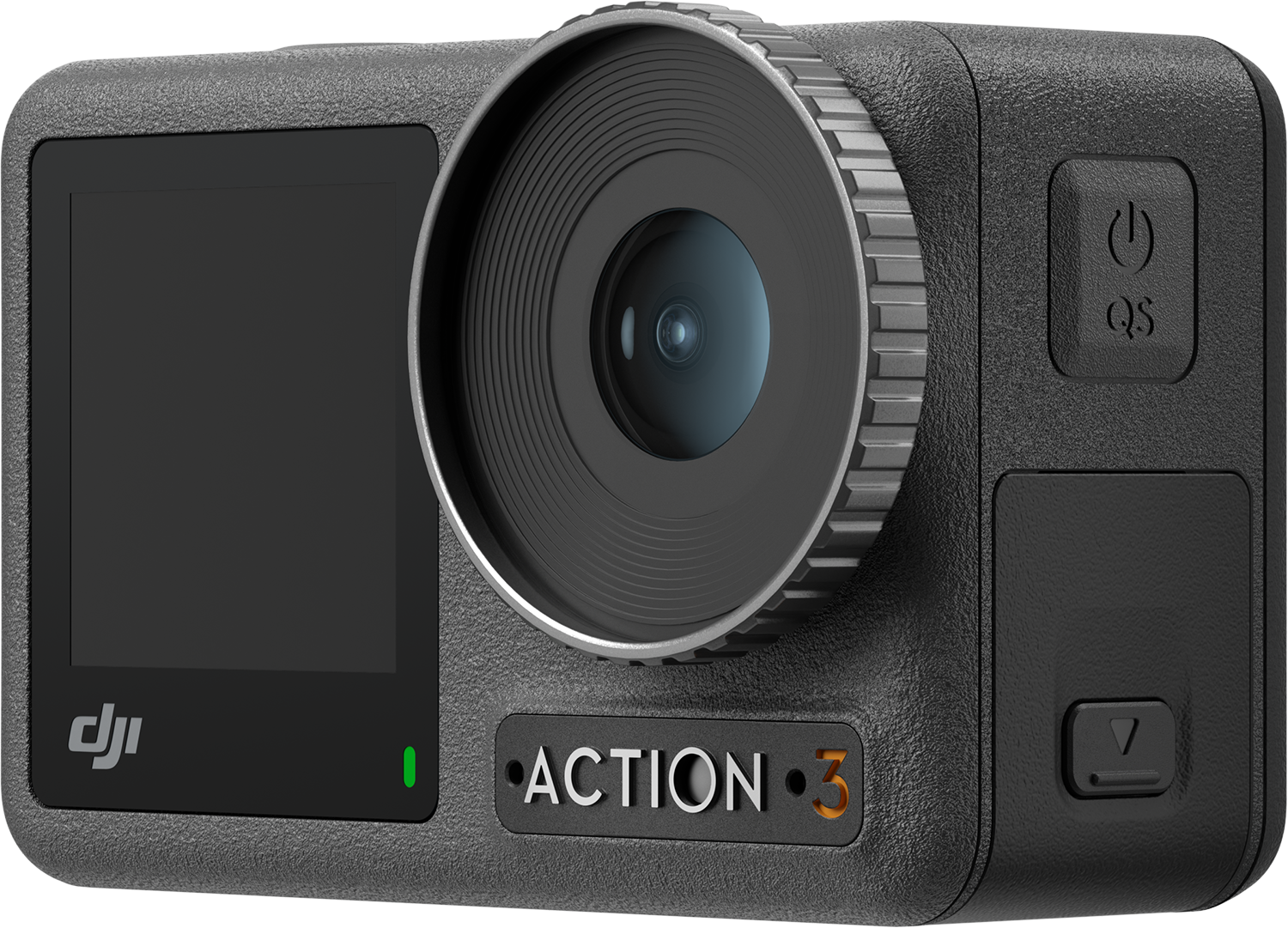 Czarna kamera DJI Action 3. Ma obiektyw, ekran i przyciski. Nazwa modelu to 'ACTION 3'. Aparat leży na szarej powierzchni.