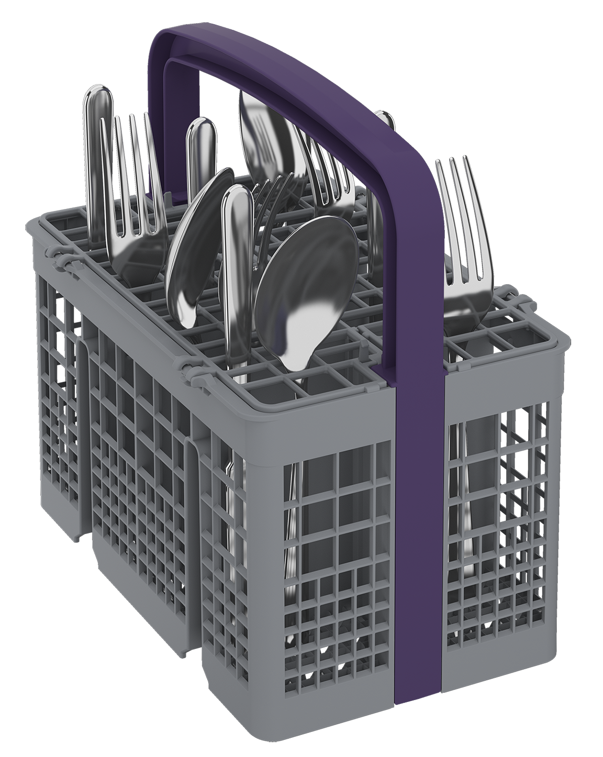 Una cesta de cubiertos para lavavajillas con tenedores, cucharas y cuchillos. La cesta es gris con un asa morada. La cubertería es metálica.
