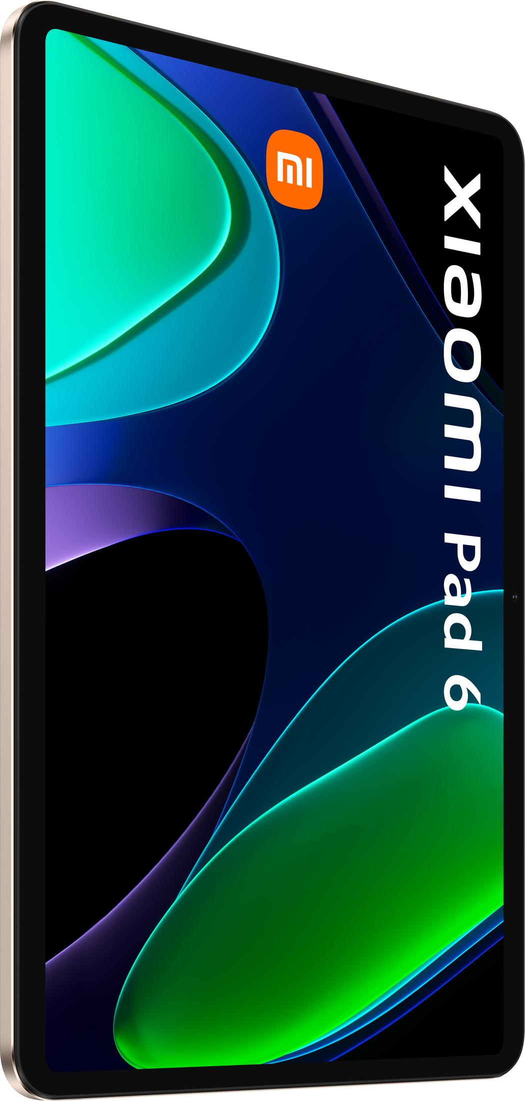 Tablet Xiaomi Pad 6. Ekran wyświetla kolorowy, abstrakcyjny wzór. Widoczne logo Xiaomi. Tablet jest złoty.