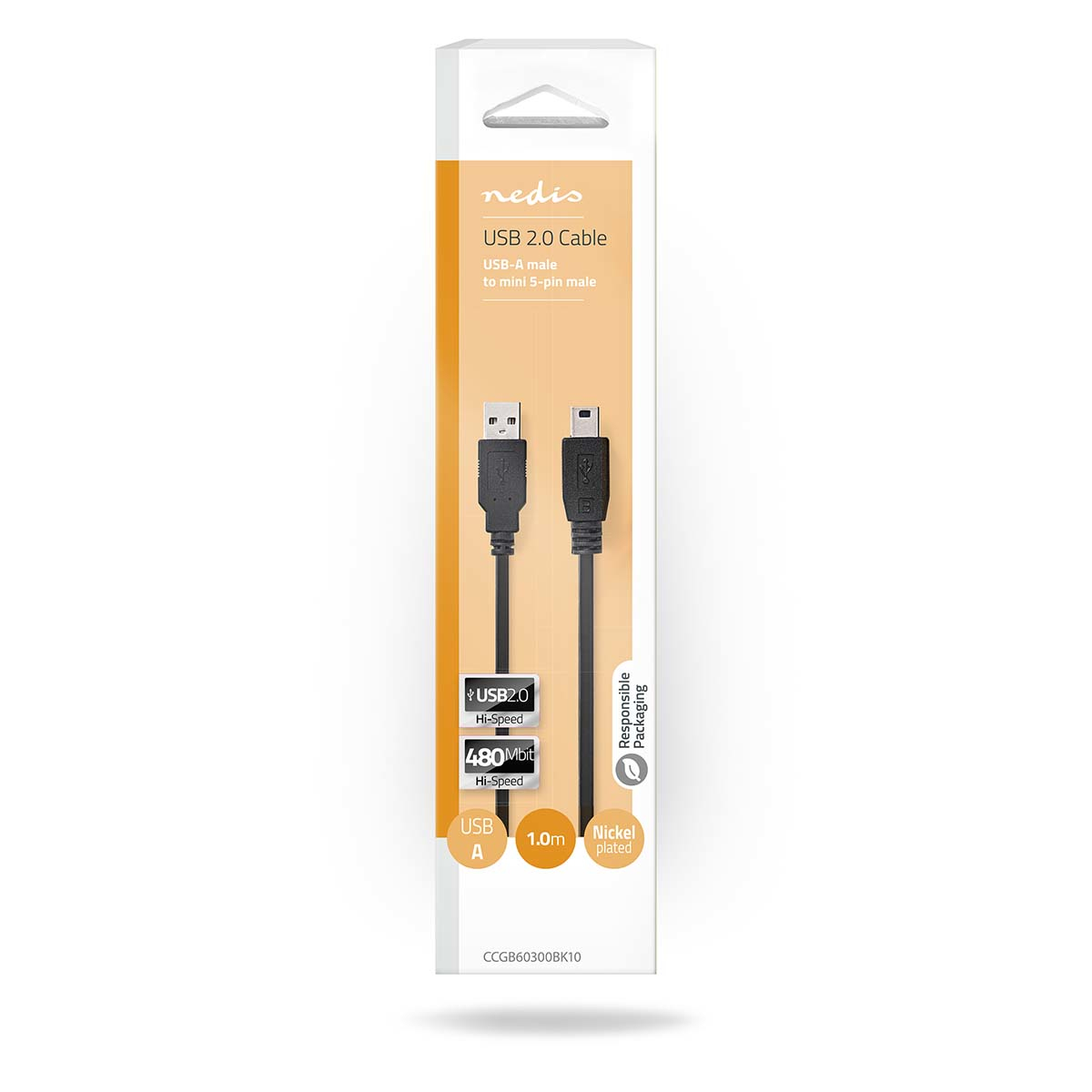 Ein schwarzes USB 2.0-Kabel in einer weiß-orangenen Verpackung. Die Verpackung trägt Markennamen, Kabeltyp und Spezifikationen.