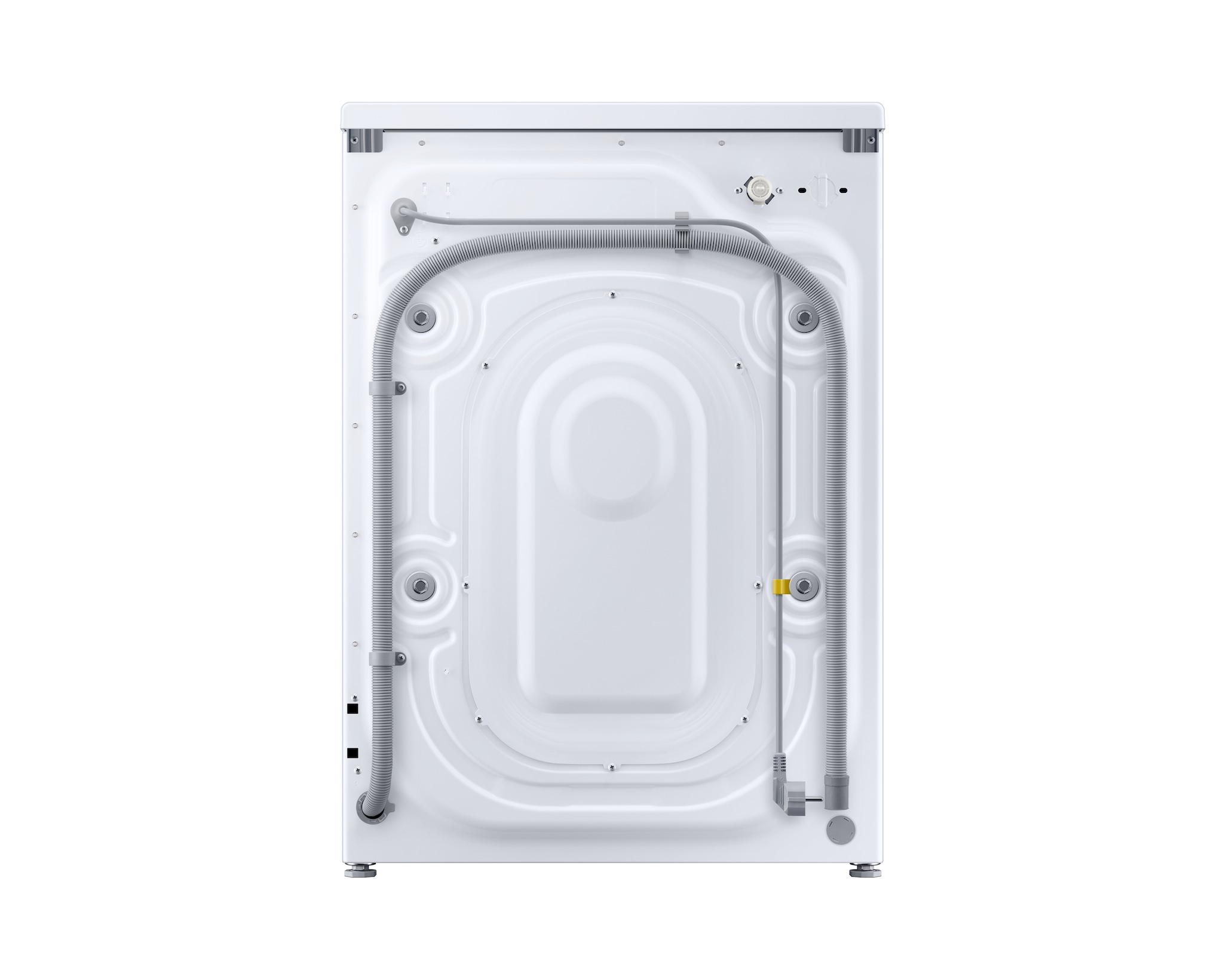 Vista posteriore di una lavatrice bianca. Sono visibili tubi grigi e componenti in plastica. Il design è pulito e tecnico.