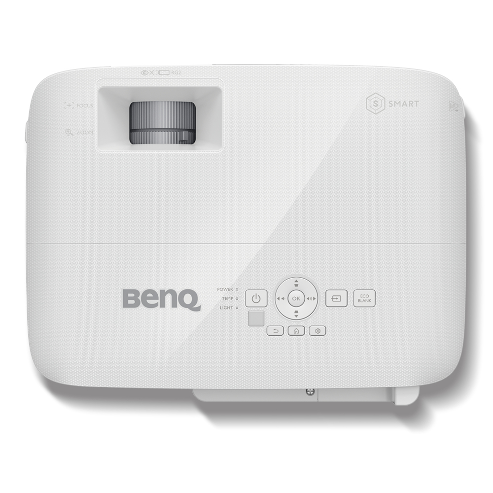 Beyaz BenQ projektör. Üst kısımda lens, odak, zoom ve kontrol düğmeleri bulunur. Güç, sıcaklık, ışık ve diğer kontrol düğmeleri aşağıdadır.
