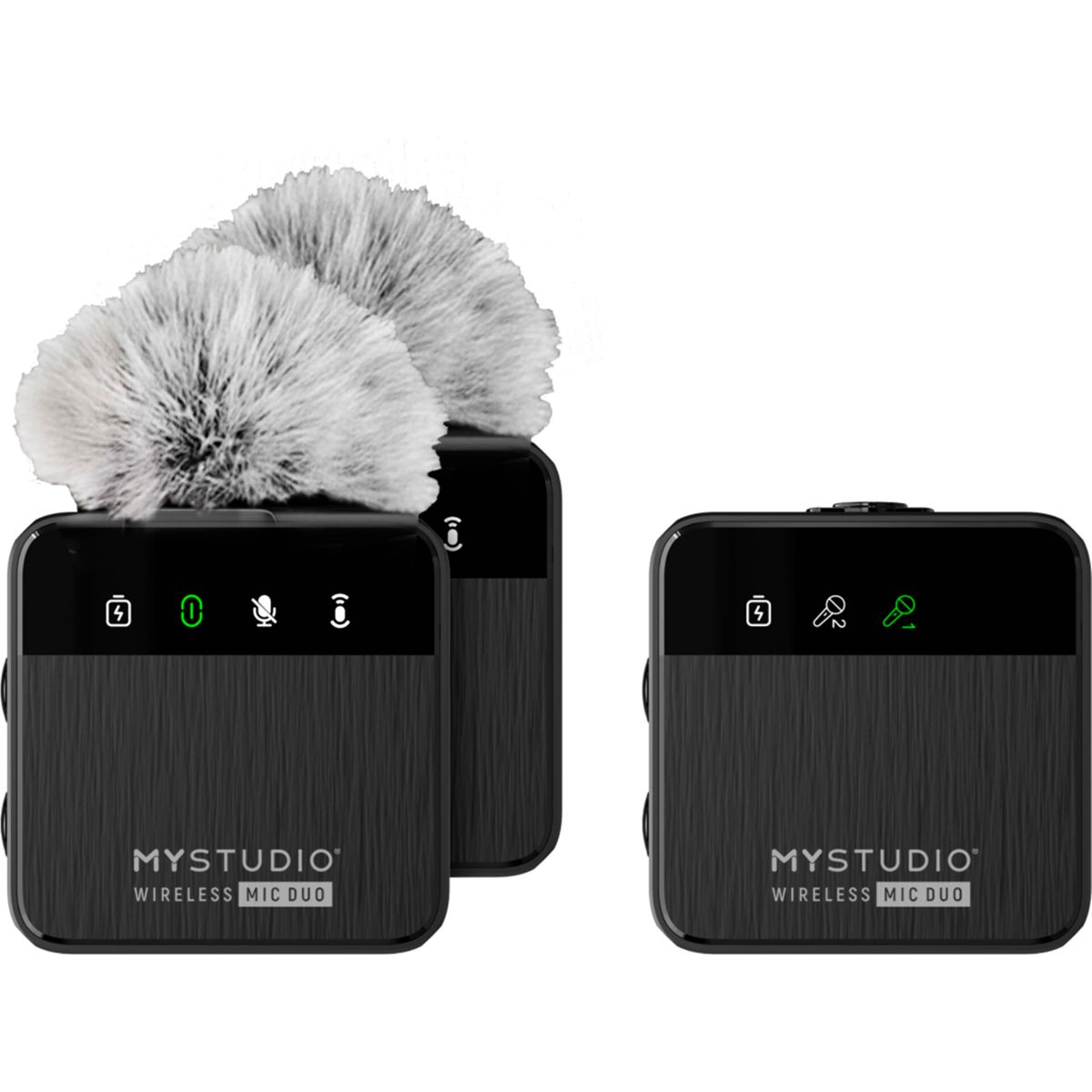Drei schwarze MyStudio Wireless-Mikrofon-DUO-Geräte. Zwei haben flauschige Windschilde. Ein Gerät ist allein. Alle haben beleuchtete Symbole.