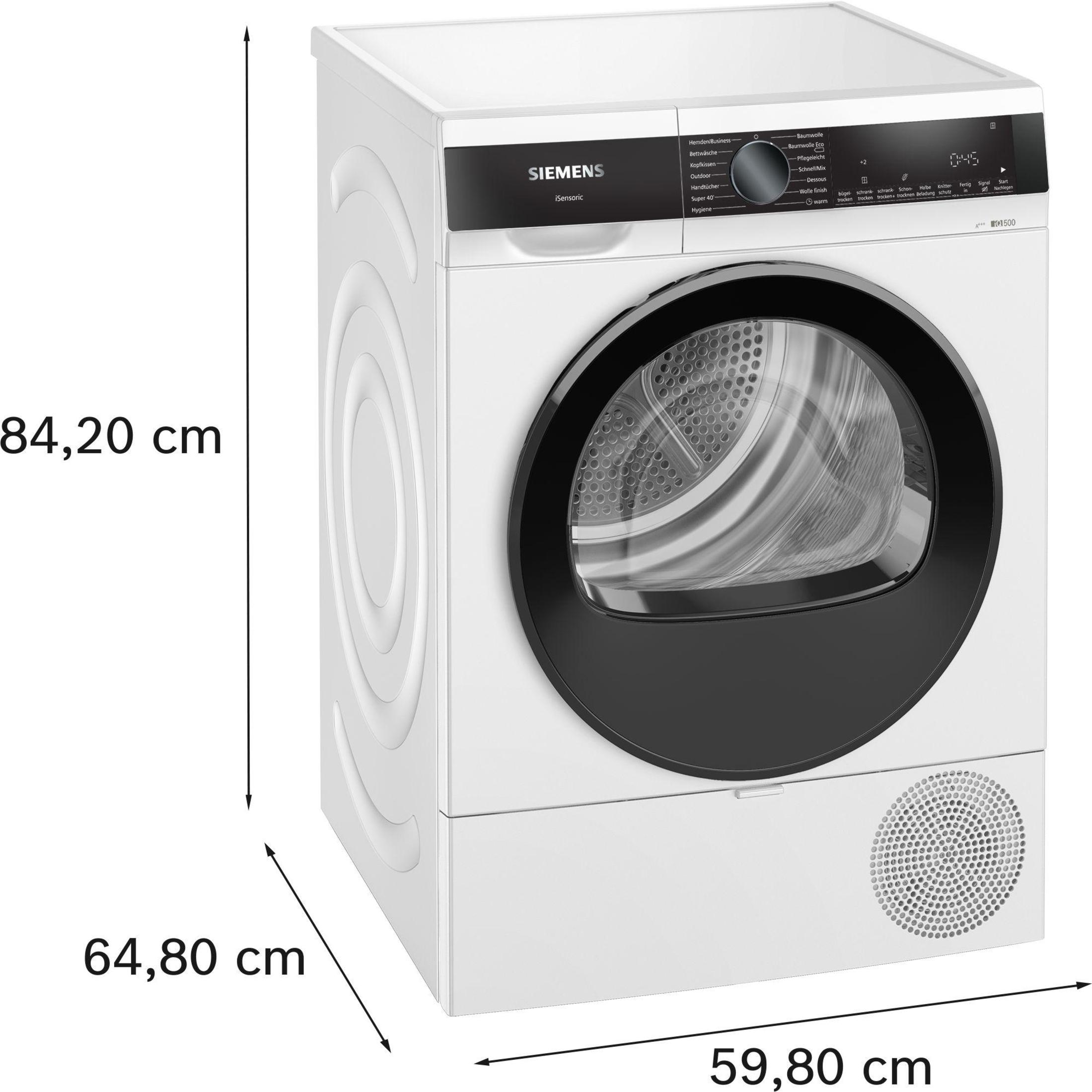 Ein weißer Siemens-Trockner mit schwarzer Tür. Abmessungen 84,20 x 64,80 x 59,80 cm sind angegeben.