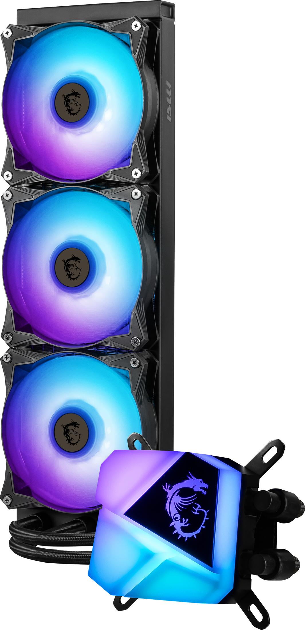 Enfriador líquido MSI con tres ventiladores que muestran colores degradados. Un bloque separado con el logotipo de MSI está en la parte inferior.