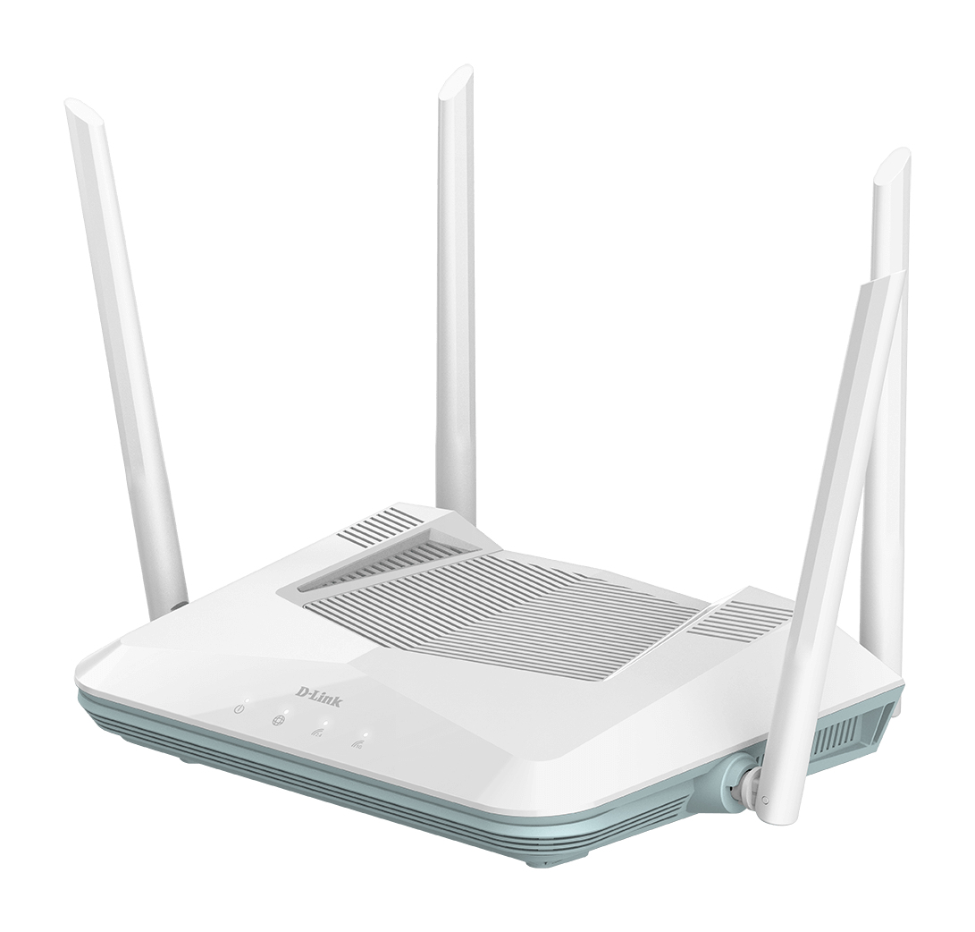 Biały router D-Link z czterema antenami. Router znajduje się na białym tle.