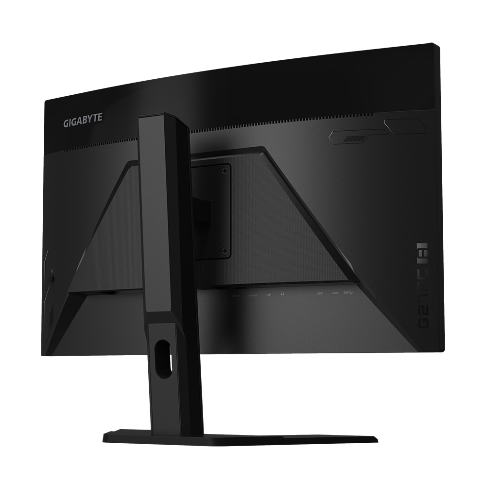 Monitor GIGABYTE negro, vista trasera, muestra soporte, puertos y logotipo. El monitor tiene un diseño elegante y moderno.