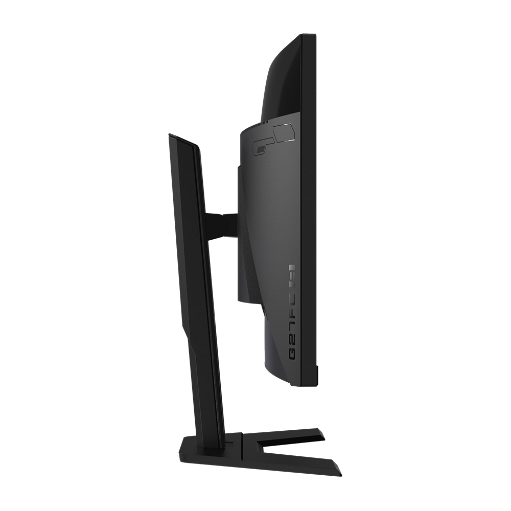 Vista lateral de un monitor de computadora negro sobre un fondo blanco. El monitor tiene un soporte y una pantalla curva. El modelo es G27FC.
