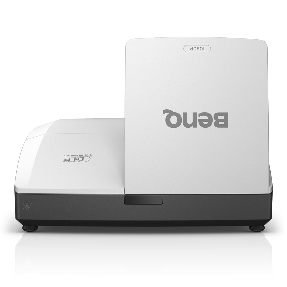 Ein weißer und grauer BenQ-Projektor. Er hat ein weißes Gehäuse mit dem BenQ-Logo und einen grauen Sockel. Der Text '1080P' ist sichtbar.