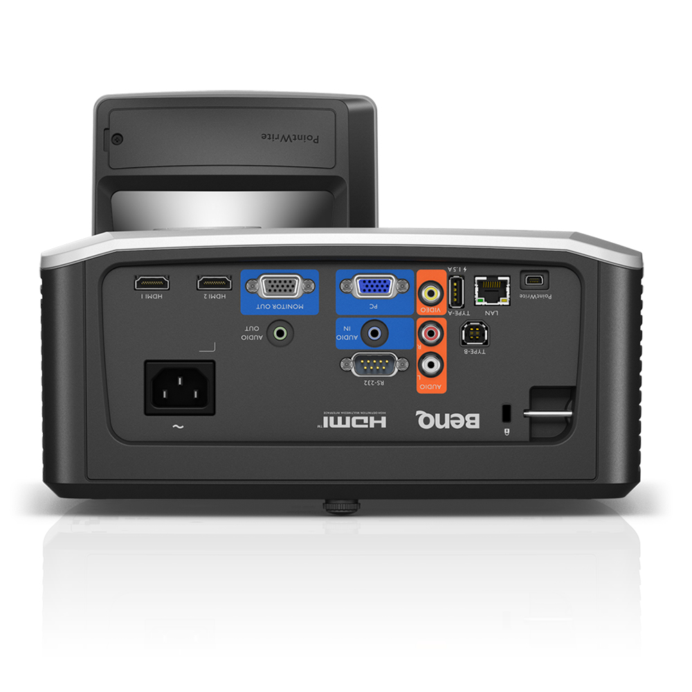Rückansicht eines BenQ-Projektors mit verschiedenen Anschlüssen: HDMI, Audio, VGA, LAN und Strom. PointWrite-Modul sichtbar.