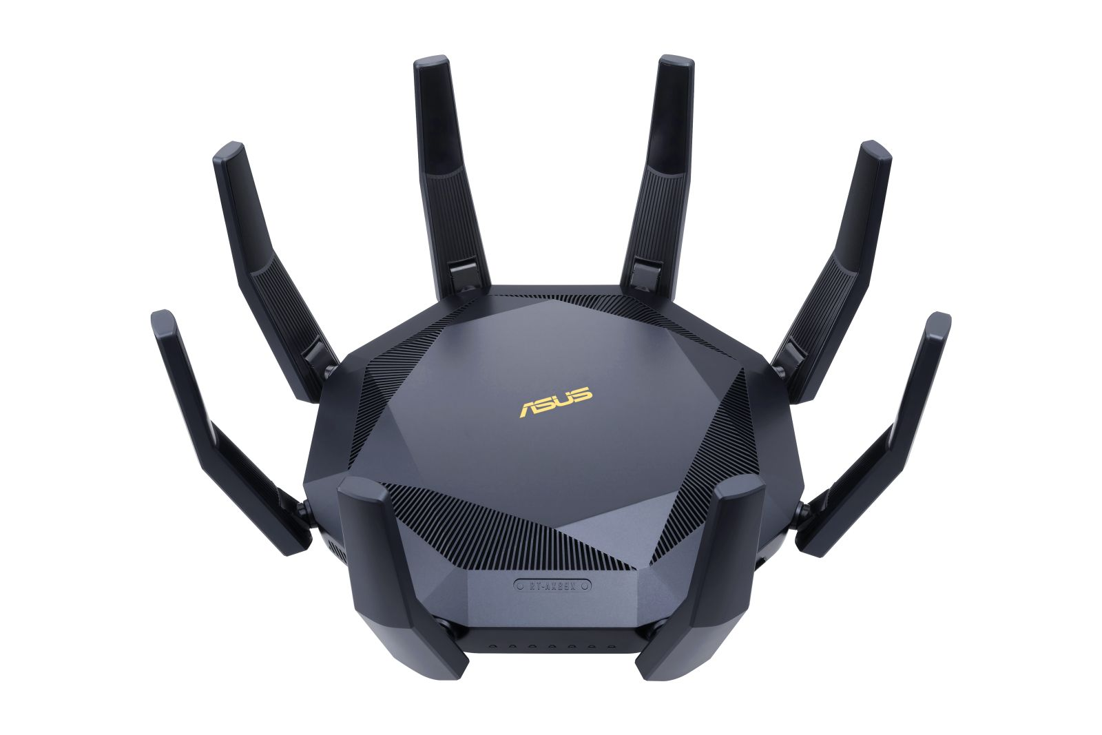 Czarny router ASUS z ośmioma antenami. Logo ASUS jest złote. Router znajduje się na białym tle.