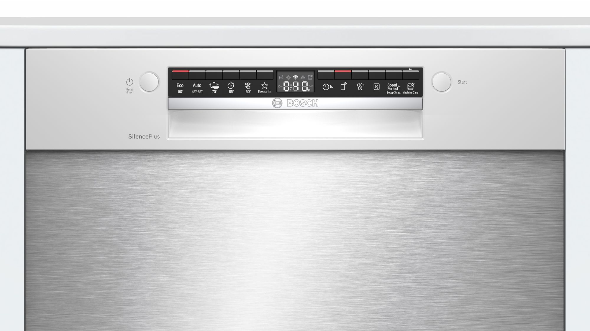 Eine weiße und Edelstahl-Bosch-Geschirrspüler-Bedienfeld. Es hat mehrere Tasten und ein LED-Display mit Zeit und Einstellungen.