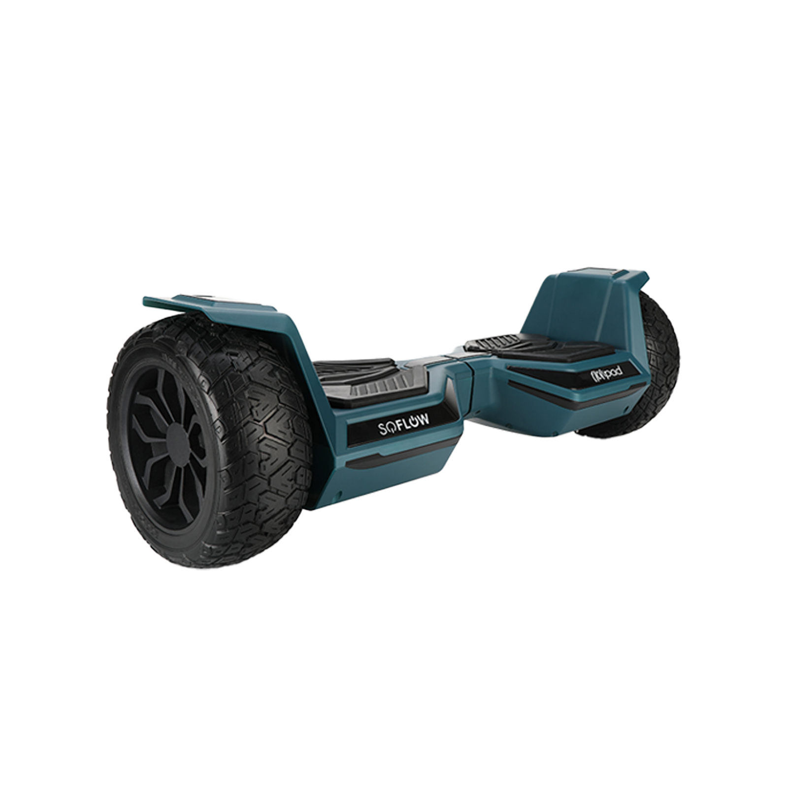 Un hoverboard verde acqua con ruote nere e pedana nera è mostrato su sfondo bianco. I marchi sono visibili.