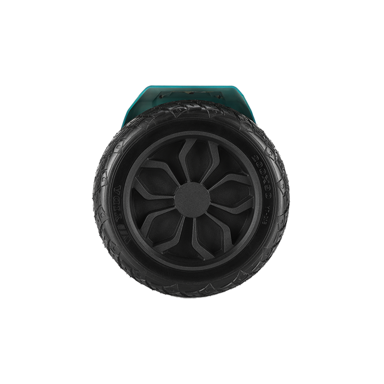 Una ruota di hoverboard è centrata. Il pneumatico nero ha il marchio e un mozzo a forma di stella. Sopra c'è un parafango verde acqua.