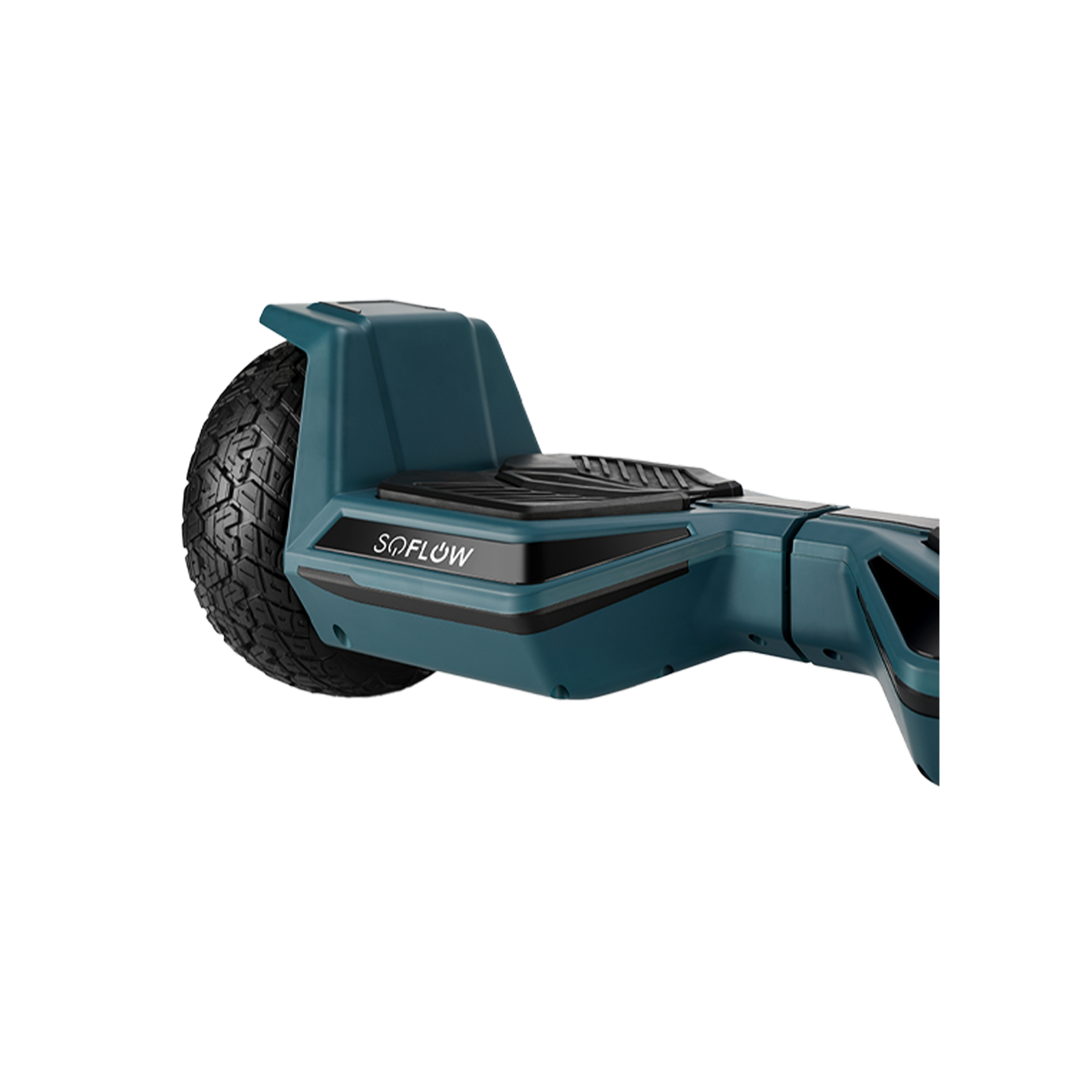 Hoverboard turchese con pneumatico nero, logo SOFLOW e dettagli neri. Sfondo bianco.